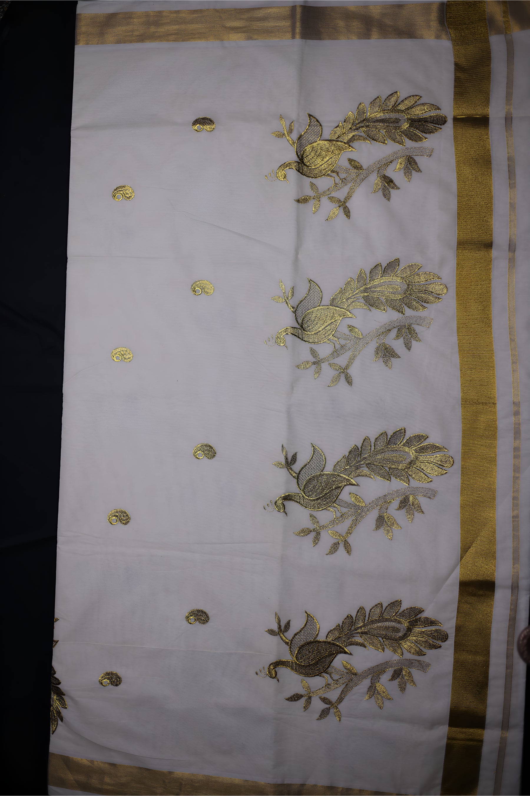 Elegant Kerala Kasavu Cotton Saree with Peacock Motifs and Gold Zari Border Saree JCS Fashions