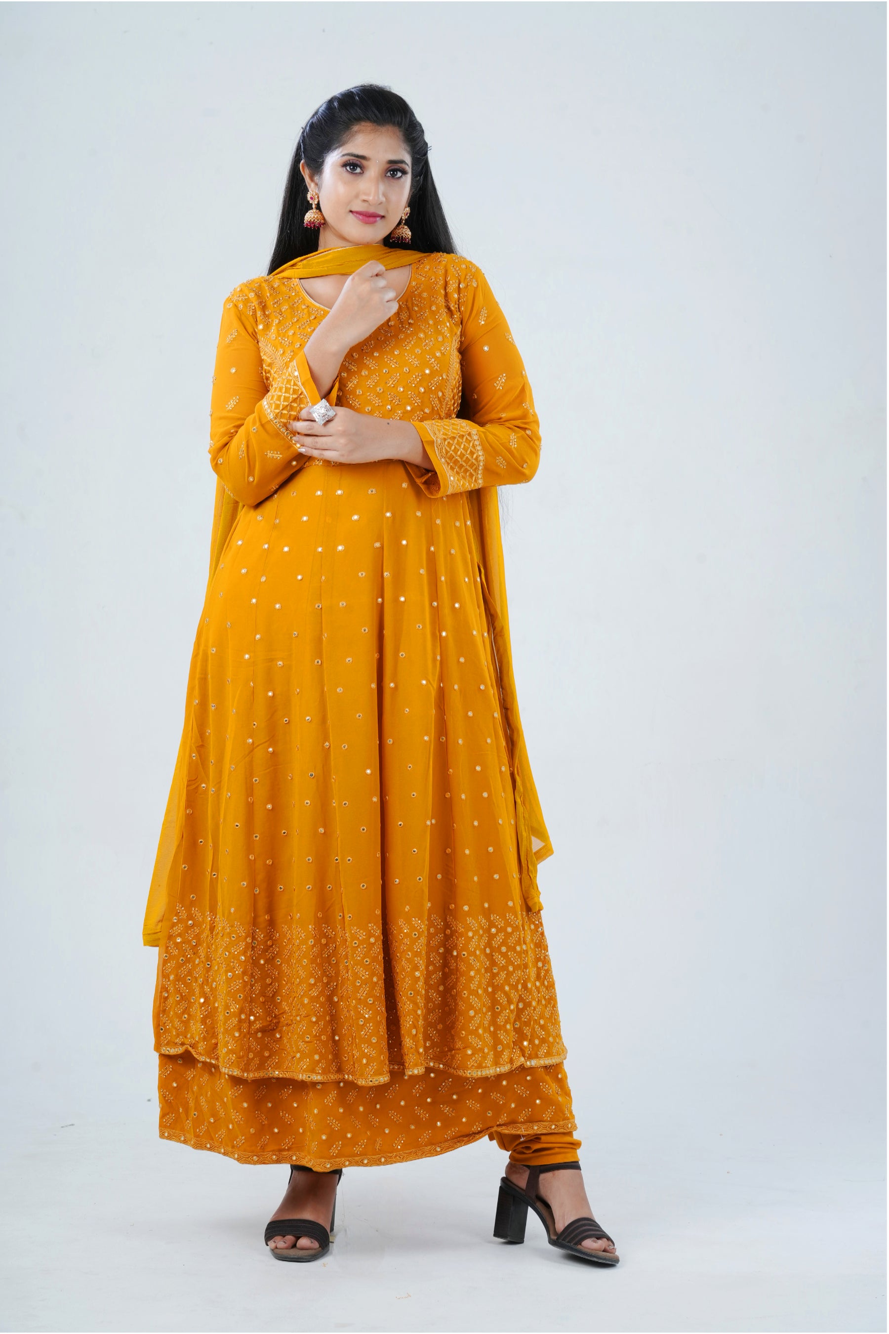 Embroidered Two layer Georgette Kurti Gown KURTI JCS Fashions Mustard Yellow Small (36)