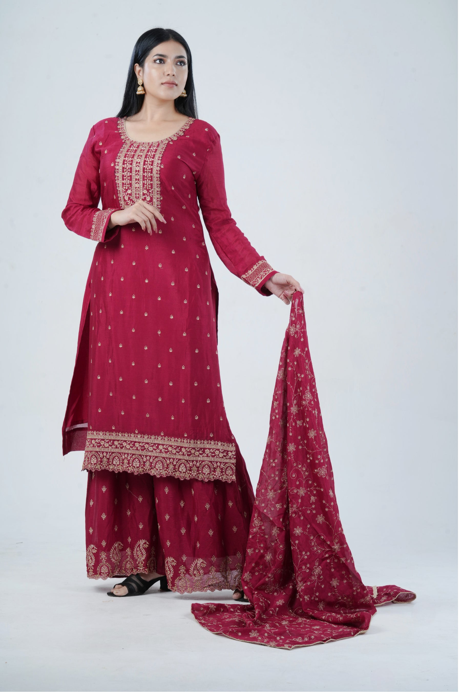 Soft Chinnon Silk Sharara: Elegant and Comfortable Ensemble KURTI JCS Fashions Maroon Small (36)