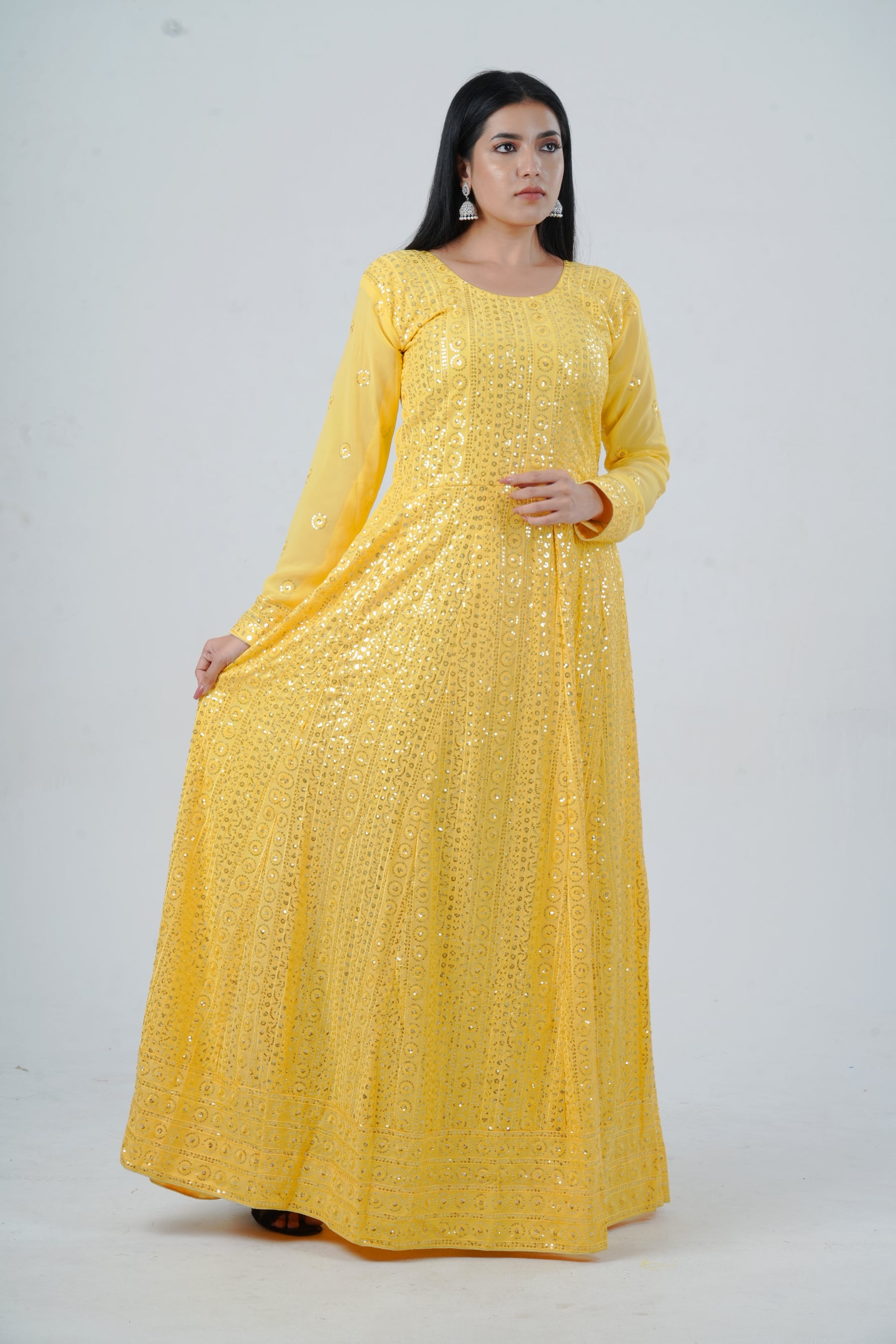 Chic Georgette Long Gown with Sequin Embellishments in Yellow KURTI JCS Fashions