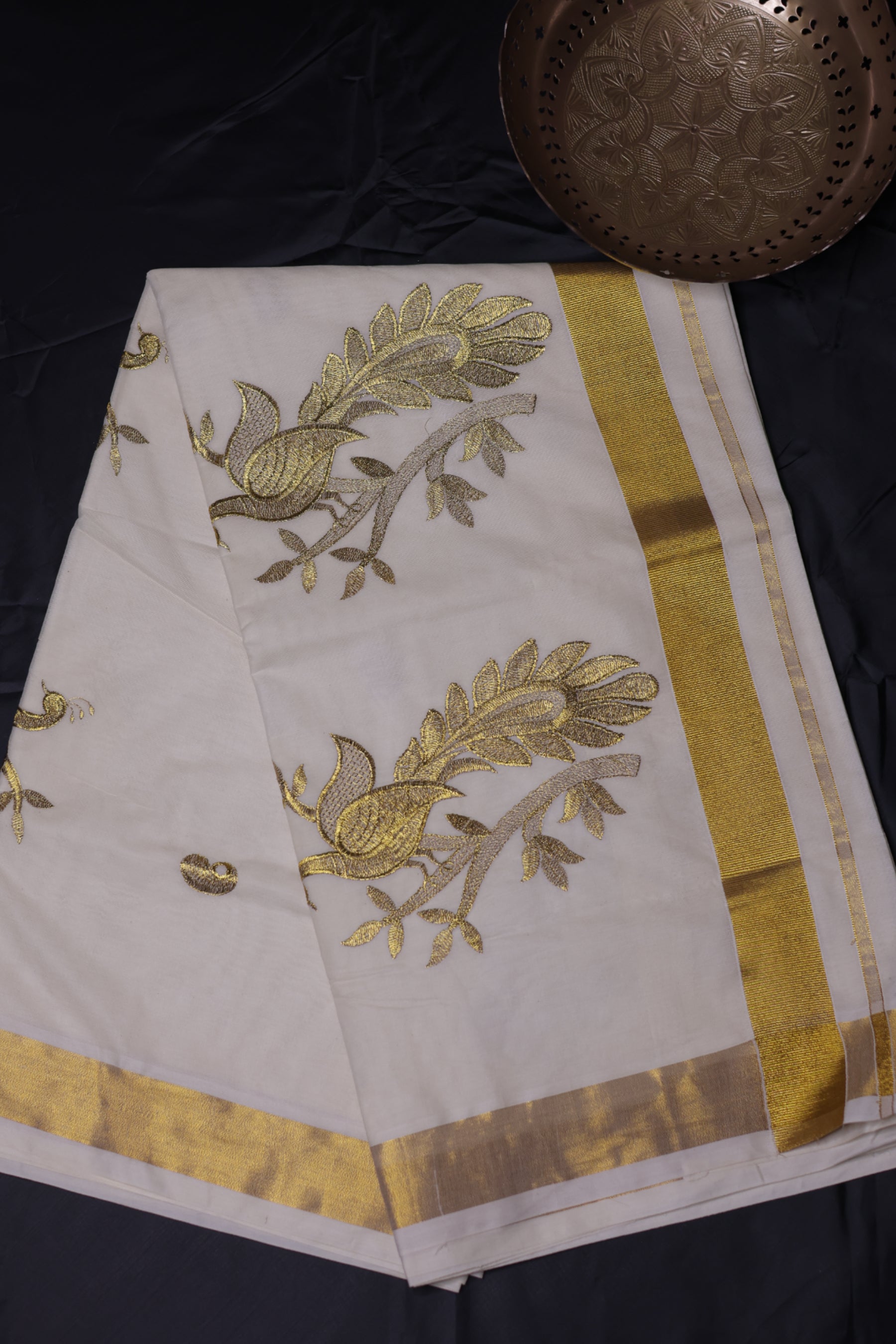 Elegant Kerala Kasavu Cotton Saree with Peacock Motifs and Gold Zari Border Saree JCS Fashions