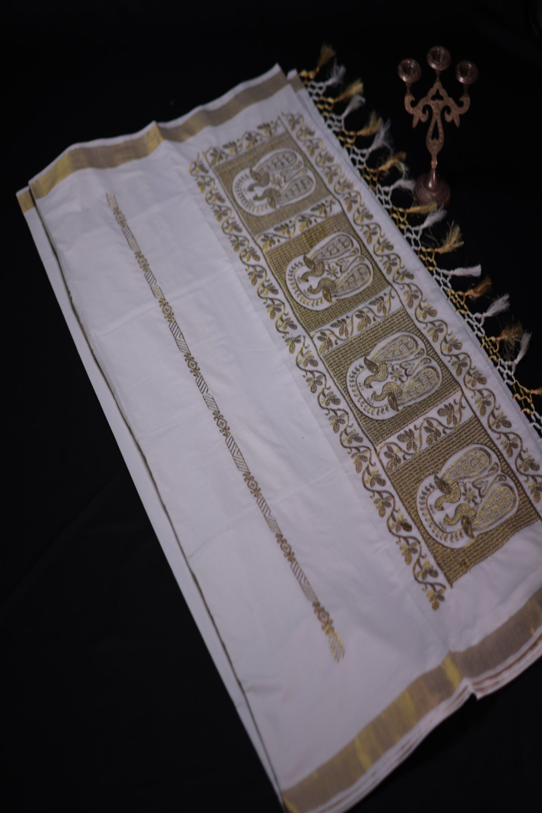 Kerala Cotton Saree with Elegant Peacock Motifs Saree JCS Fashions White With Gold 5.5 meters