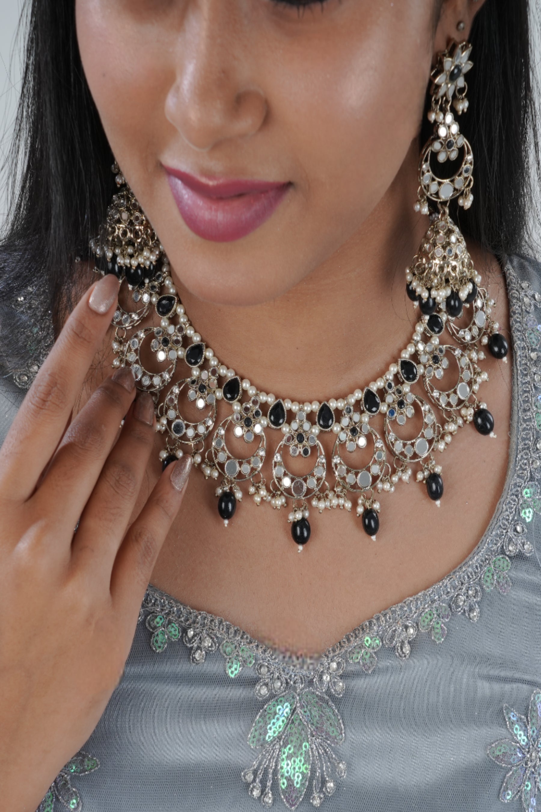 Elegant Mirror & Bead Work Neckset with Pearl Details & Matching Jhumka Jewelry JCS Fashions