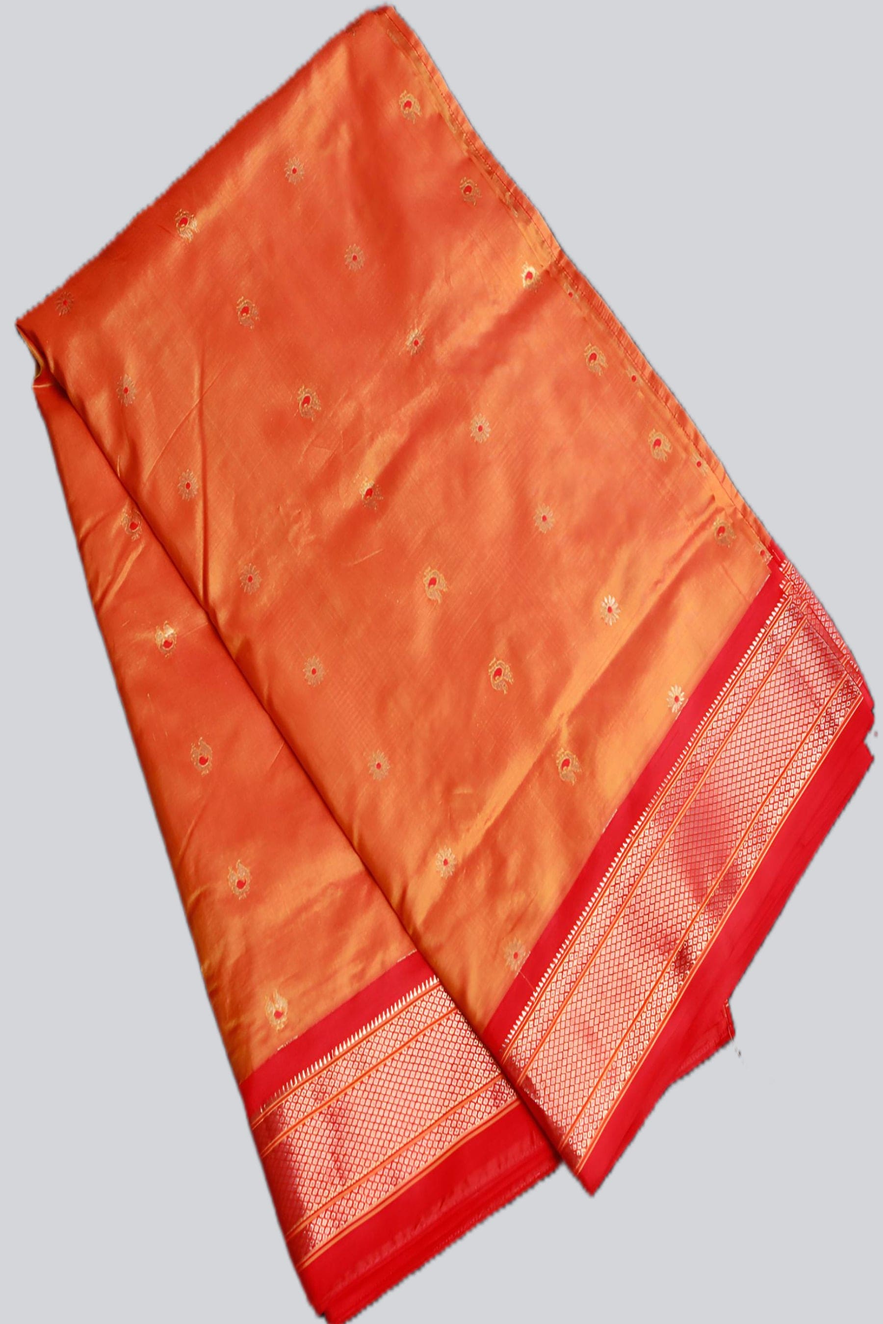 Yeola Paithani Silk Saree, Orange and Red, Fully stitched blouse SAREE JCS Fashions Orange With Red 5.5 meters