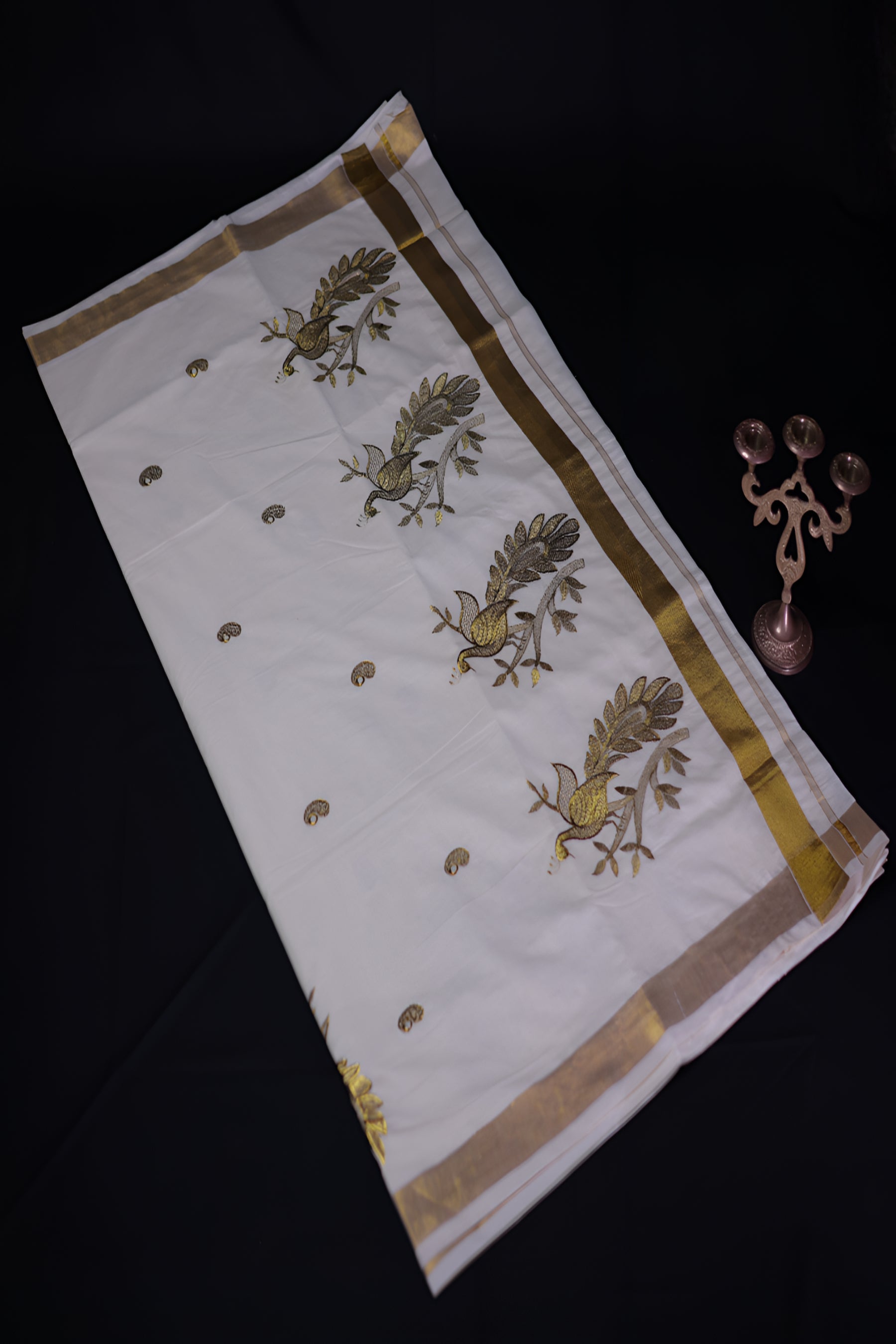 Elegant Kerala Kasavu Cotton Saree with Peacock Motifs and Gold Zari Border Saree JCS Fashions Cream 6.25mtr