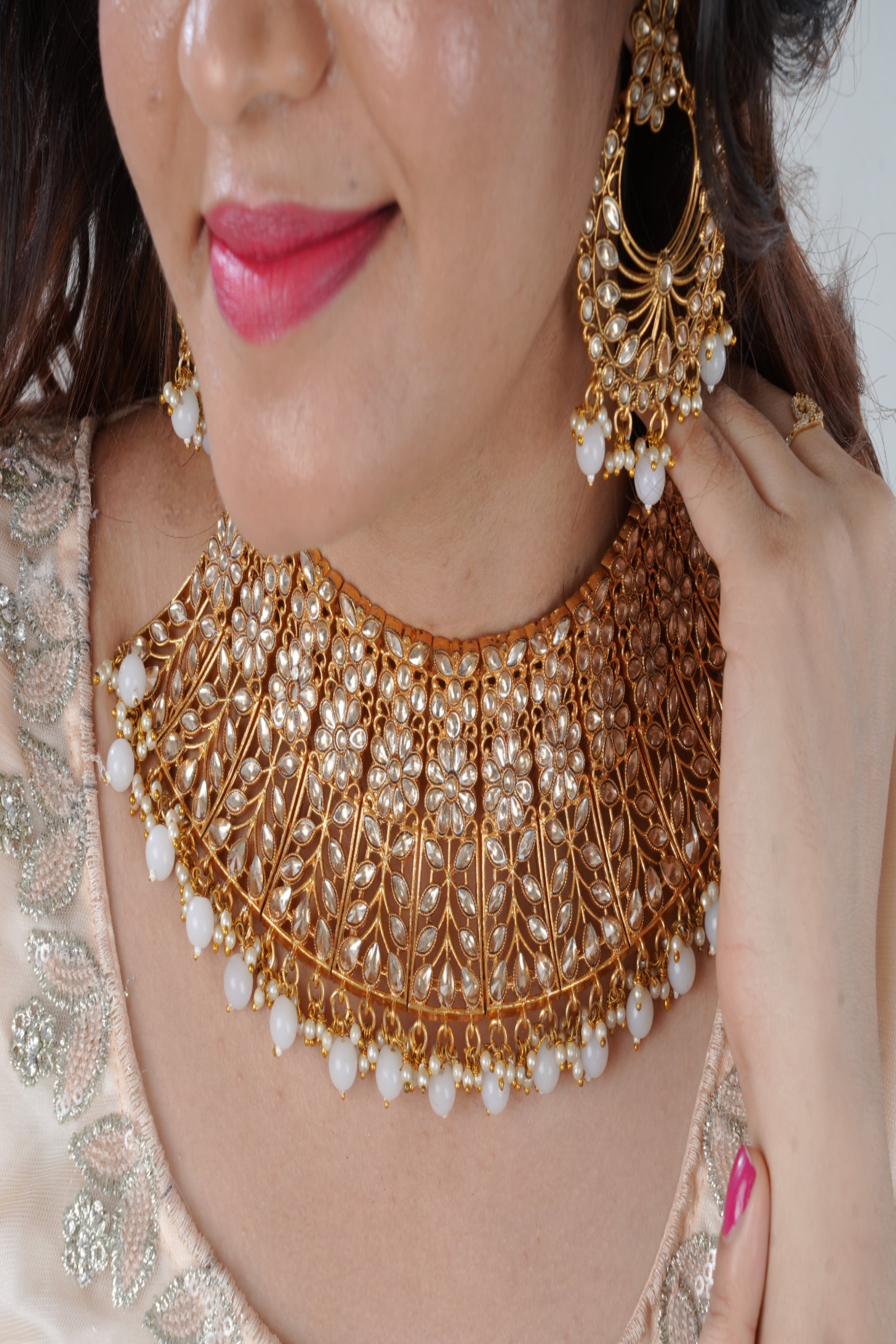 Regal Kundan Necklace Set with Tikka, Gold-Plated & Pearl-Adorned Jewelry JCS Fashions