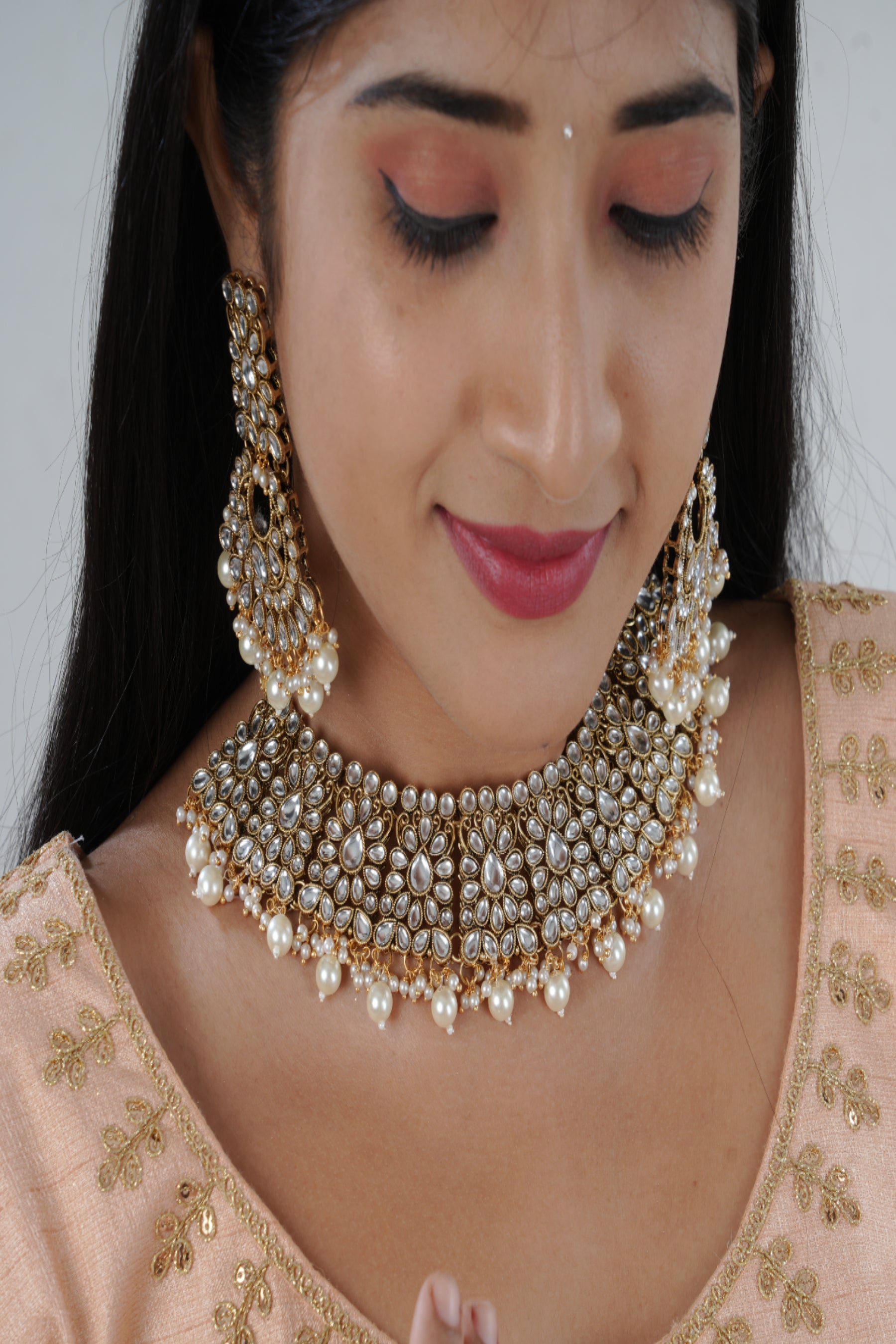 Opulent Kundan Neckset with Pearl Dangles and Tikka by JCS Fashions Jewelry JCS Fashions