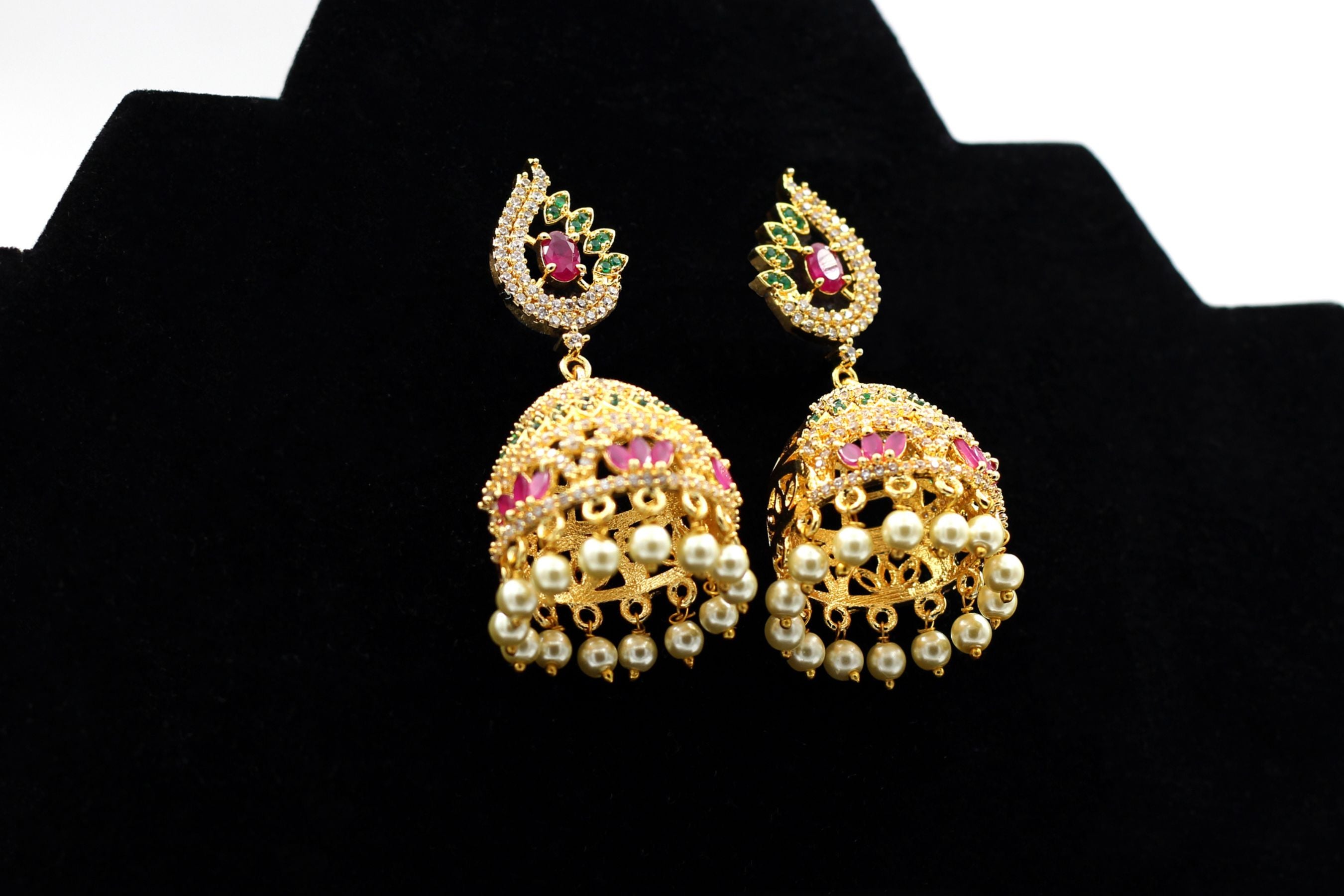 Vibrant Jeweled Gold Polish Jhumka Earrings with Pearl Accents Jewelry JCS Fashions