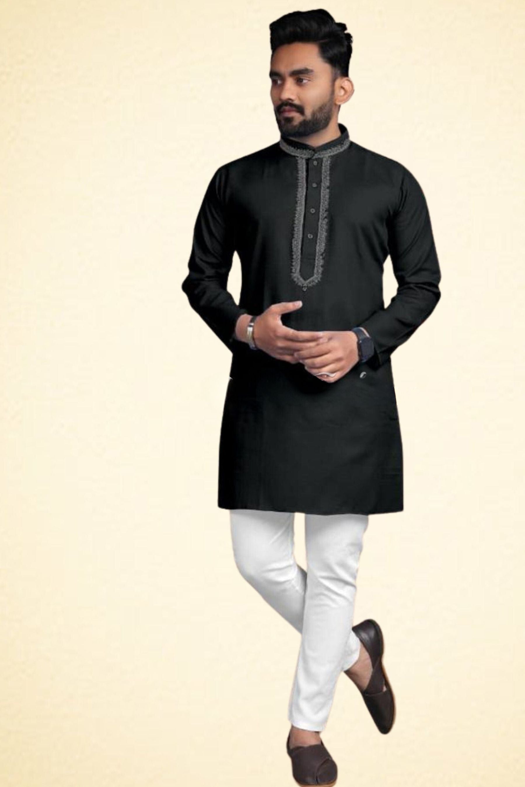 Ethnic And Traditional Men Cotton Fabric Kurta Sets MEN JCS Fashions Black Medium (38)