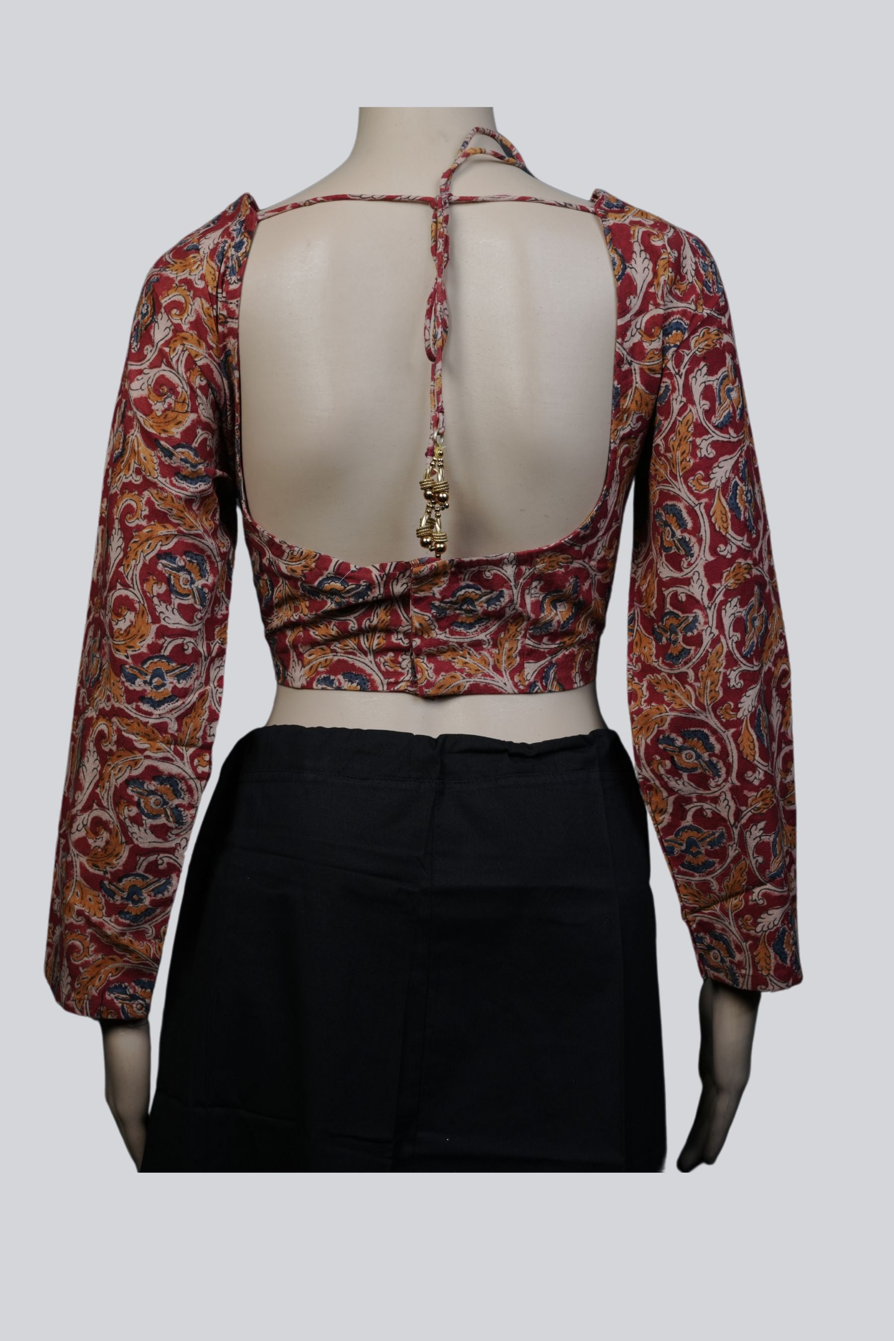 Kalamkari Delight: JCS Fashions Exclusive Back Open Blouse with Tassels Blouse JCS Fashions