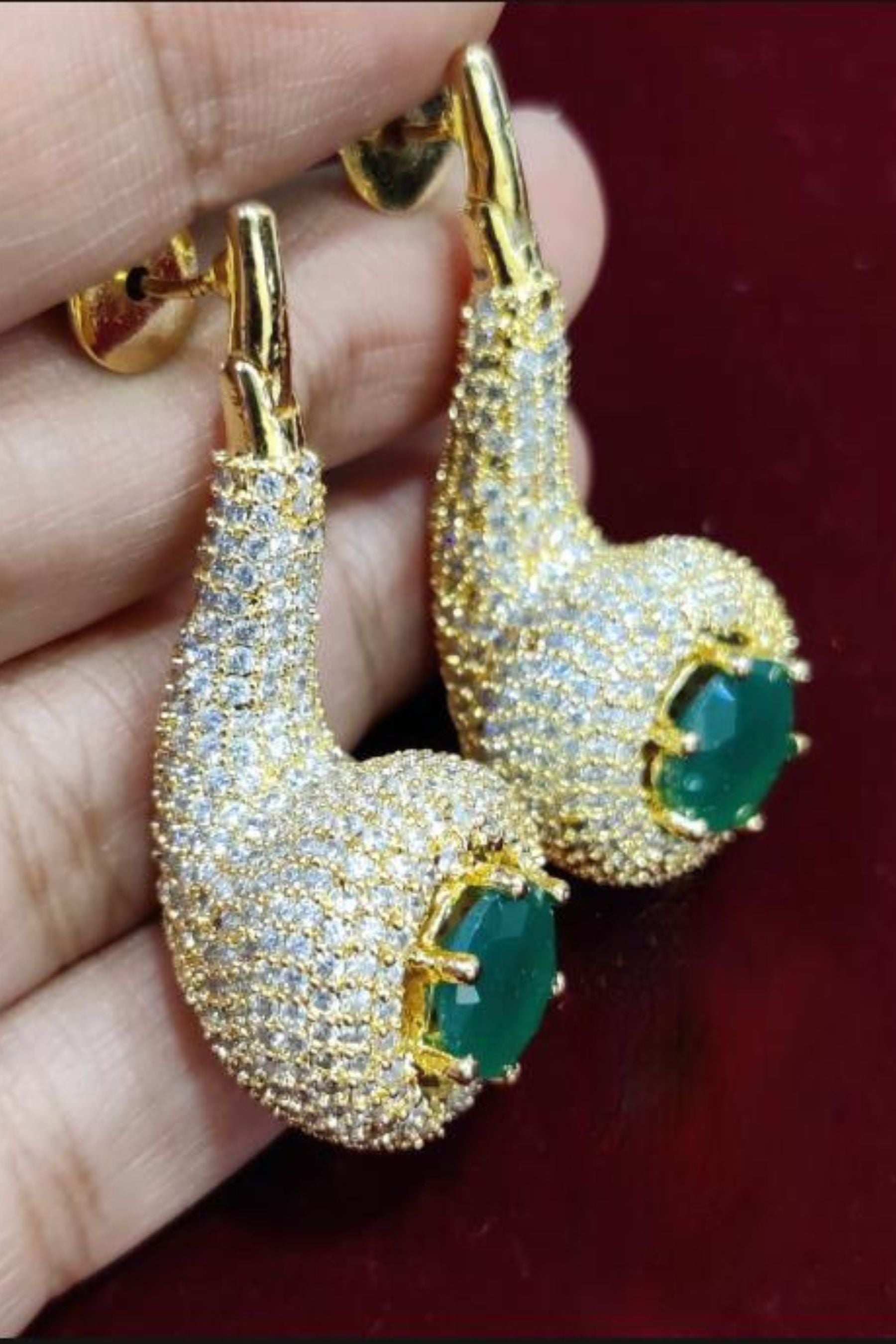 Gold-Plated American Diamond Earrings with Radiant Green Stone Jewelry JCS Fashions Green 2"