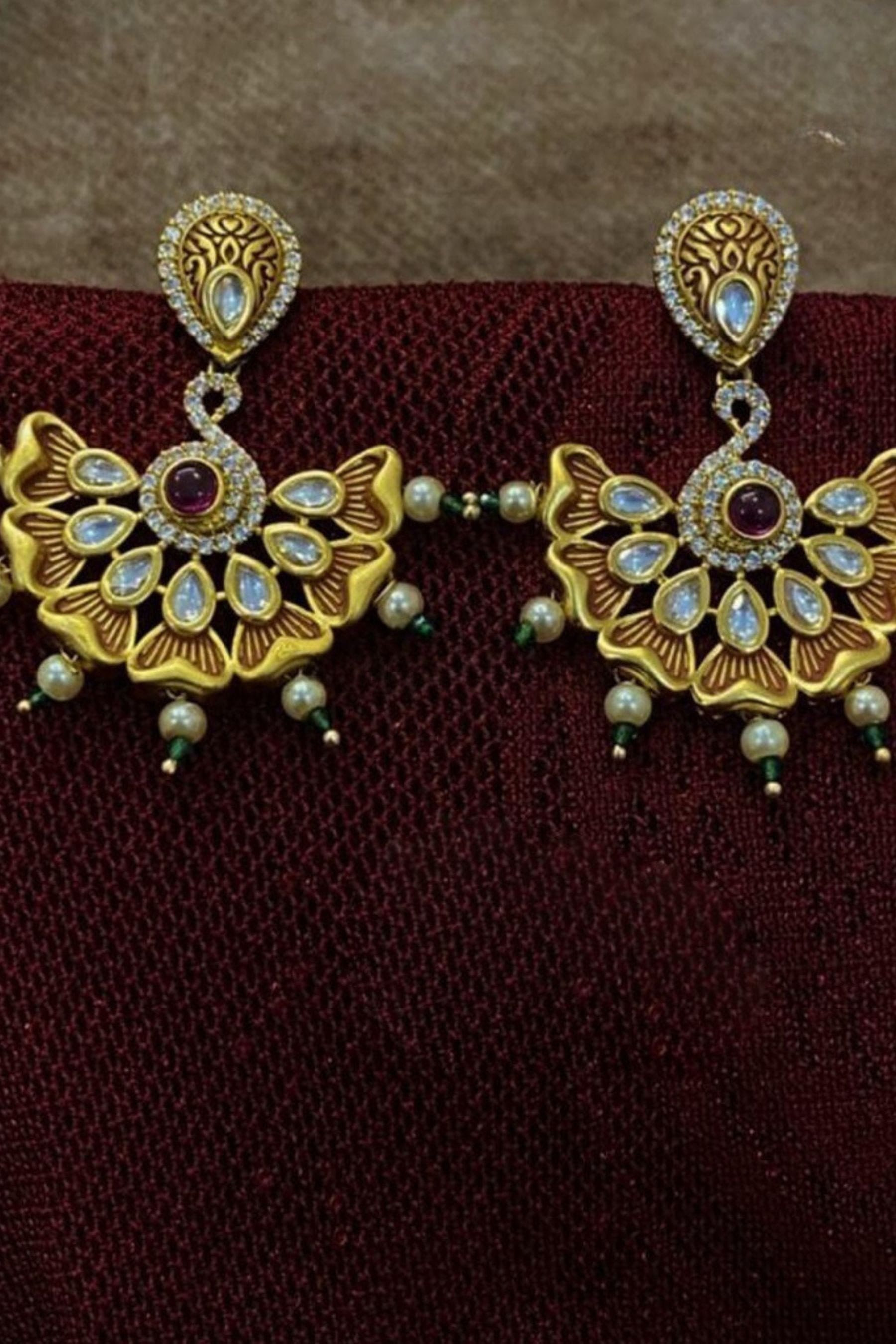 Antique Gold Plated Long Kundan Earrings with Pink and Green Stones Jewelry JCS Fashions 1.5" Pink and Green