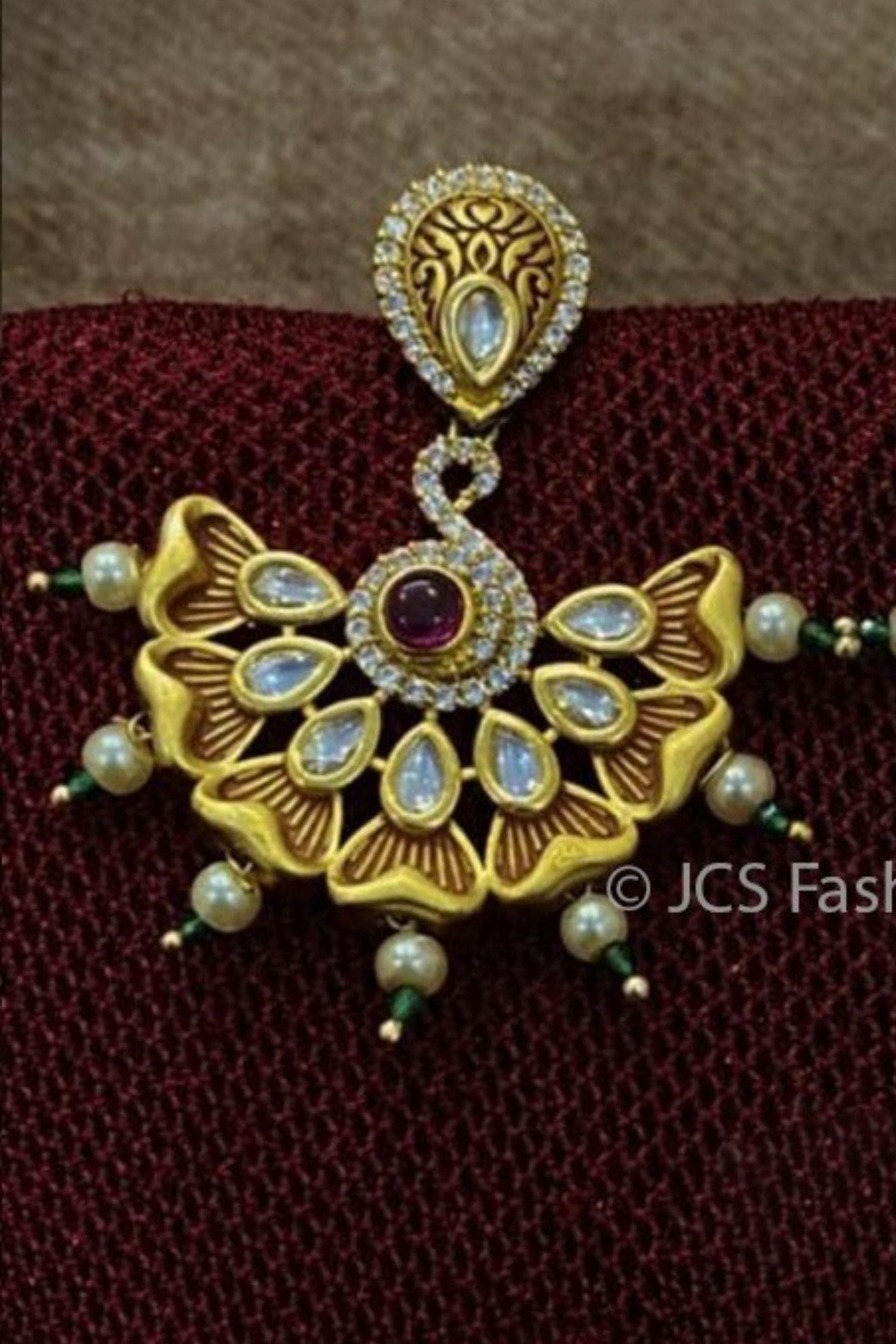 Antique Gold Plated Long Kundan Earrings with Pink and Green Stones Jewelry JCS Fashions