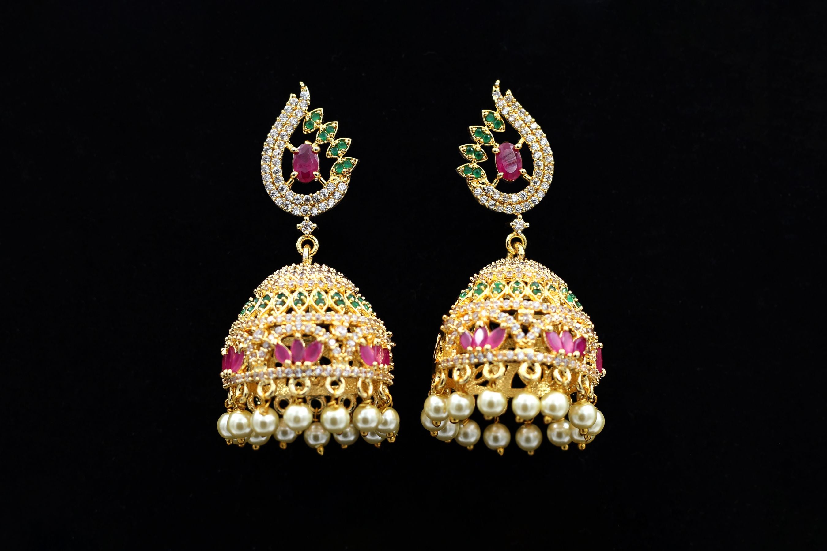 Vibrant Jeweled Gold Polish Jhumka Earrings with Pearl Accents Jewelry JCS Fashions