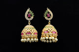 Vibrant Jeweled Gold Polish Jhumka Earrings with Pearl Accents