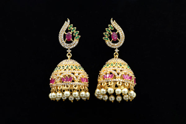 Vibrant Jeweled Gold Polish Jhumka Earrings with Pearl Accents
