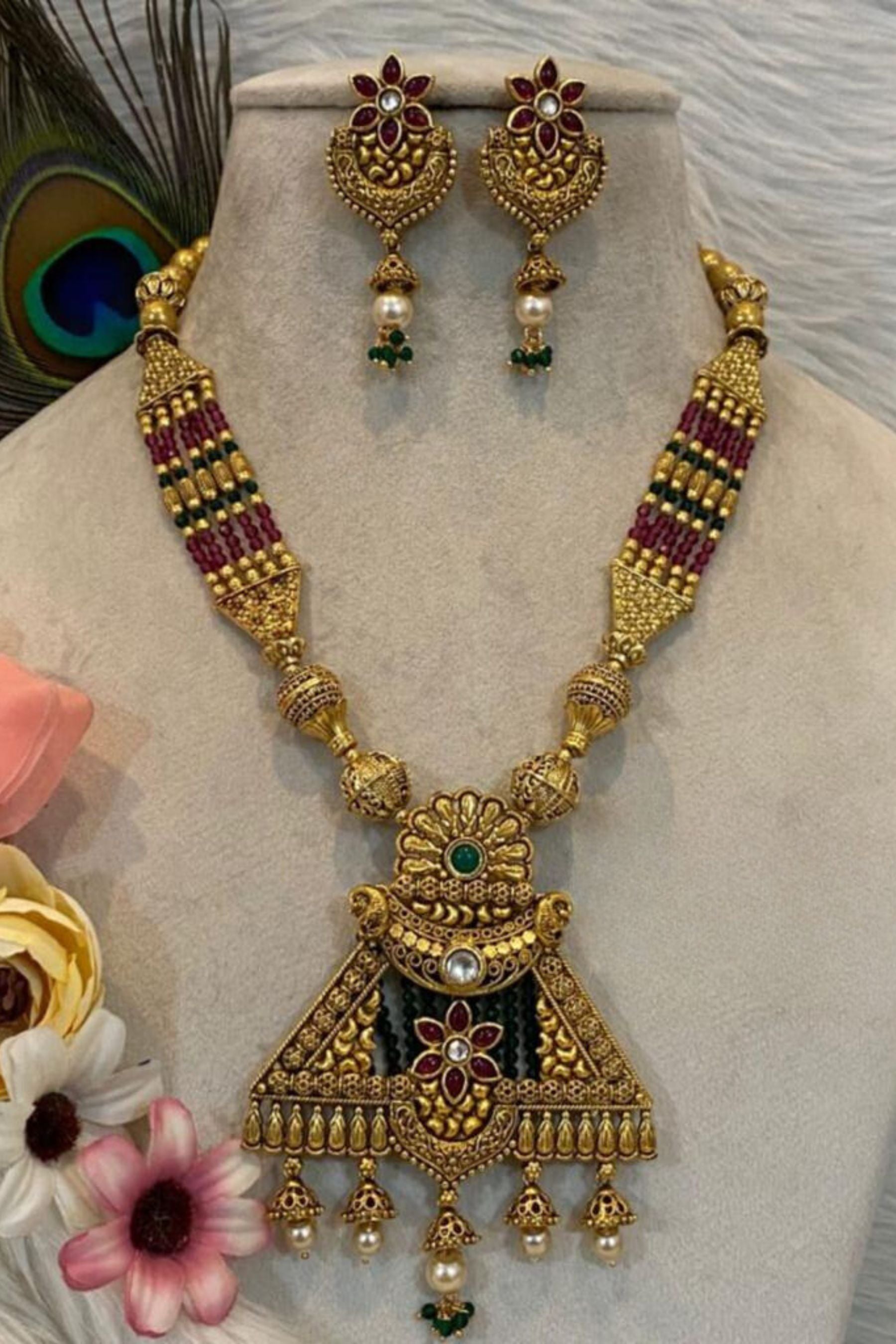 Antique Gold-Plated, Kundan Stone Long Necklace Set | Vibrant Beadwork Jewelry JCS Fashions Pink and Green 12"