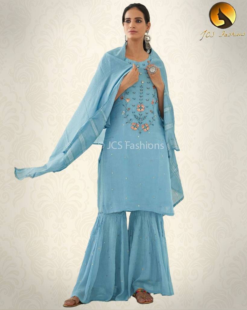 Designer Viscose Silk Sharara Set with Handwork Jacquard Dupatta Kurti JCS Fashions Blue Medium (38)