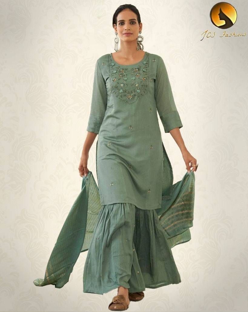 Designer Viscose Silk Sharara Set with Handwork Jacquard Dupatta Kurti JCS Fashions Green Medium (38)