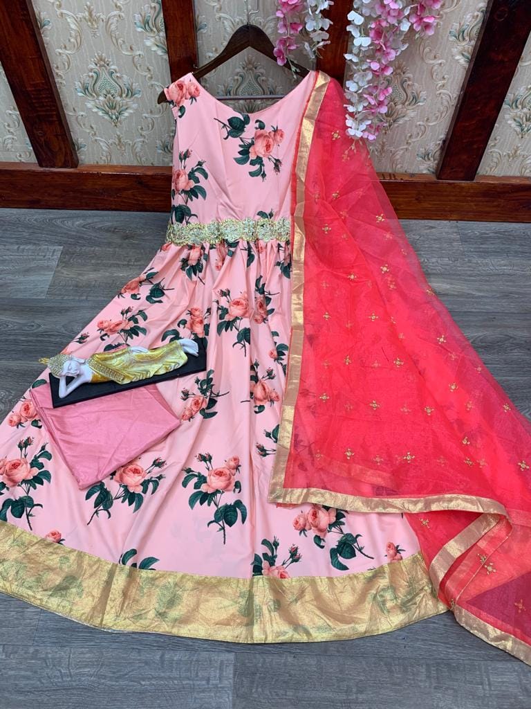 Elegant Floral KURTI Satin Long Gown: Luxury Comfort & Glamour-Unleashed KURTI JCS Fashions Pink XX-Large (44)