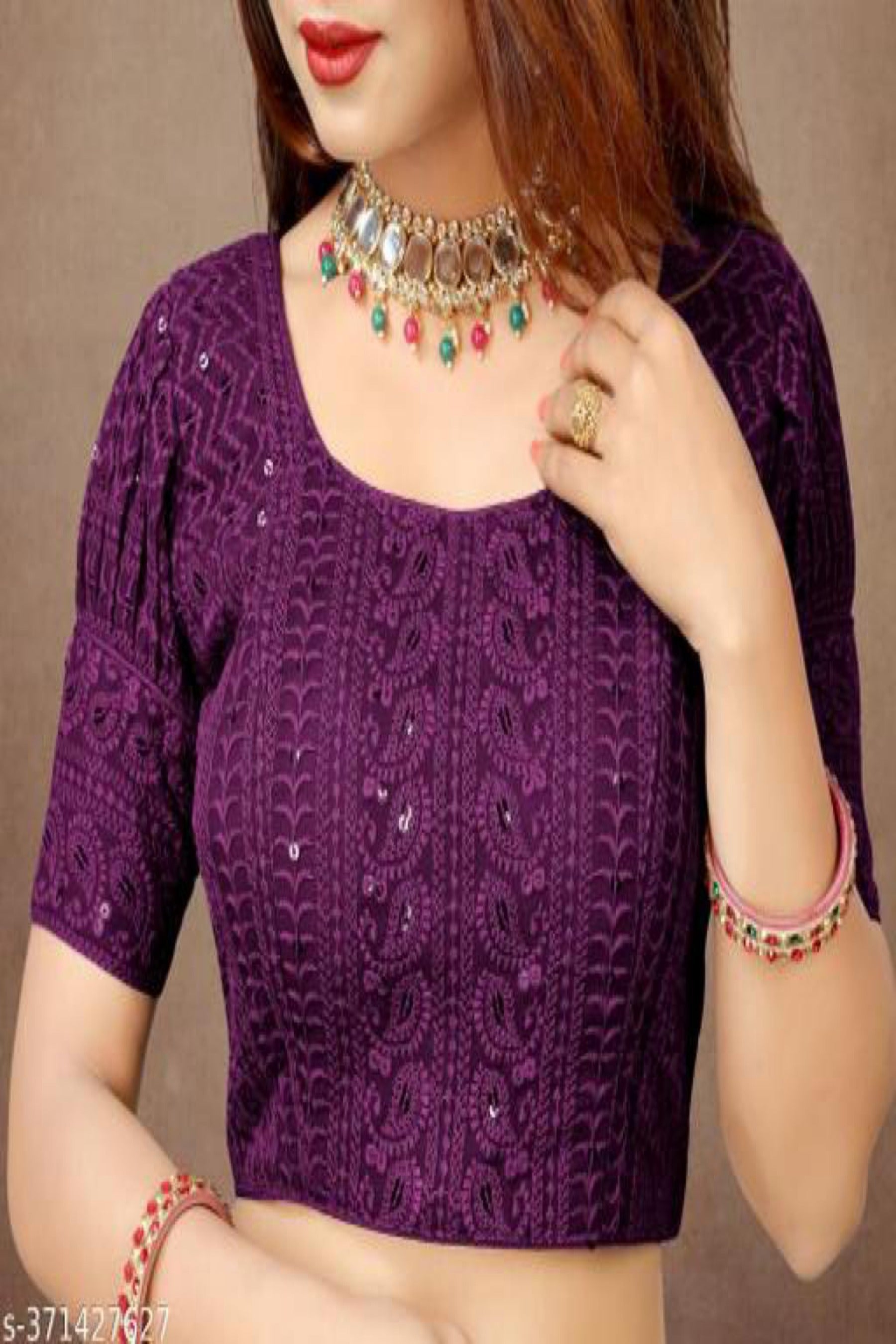 Sparkling Puff Sleeve Georgette Blouse with Intricate Embroidery & Sequins Blouse JCS Fashions Grape Purple 36