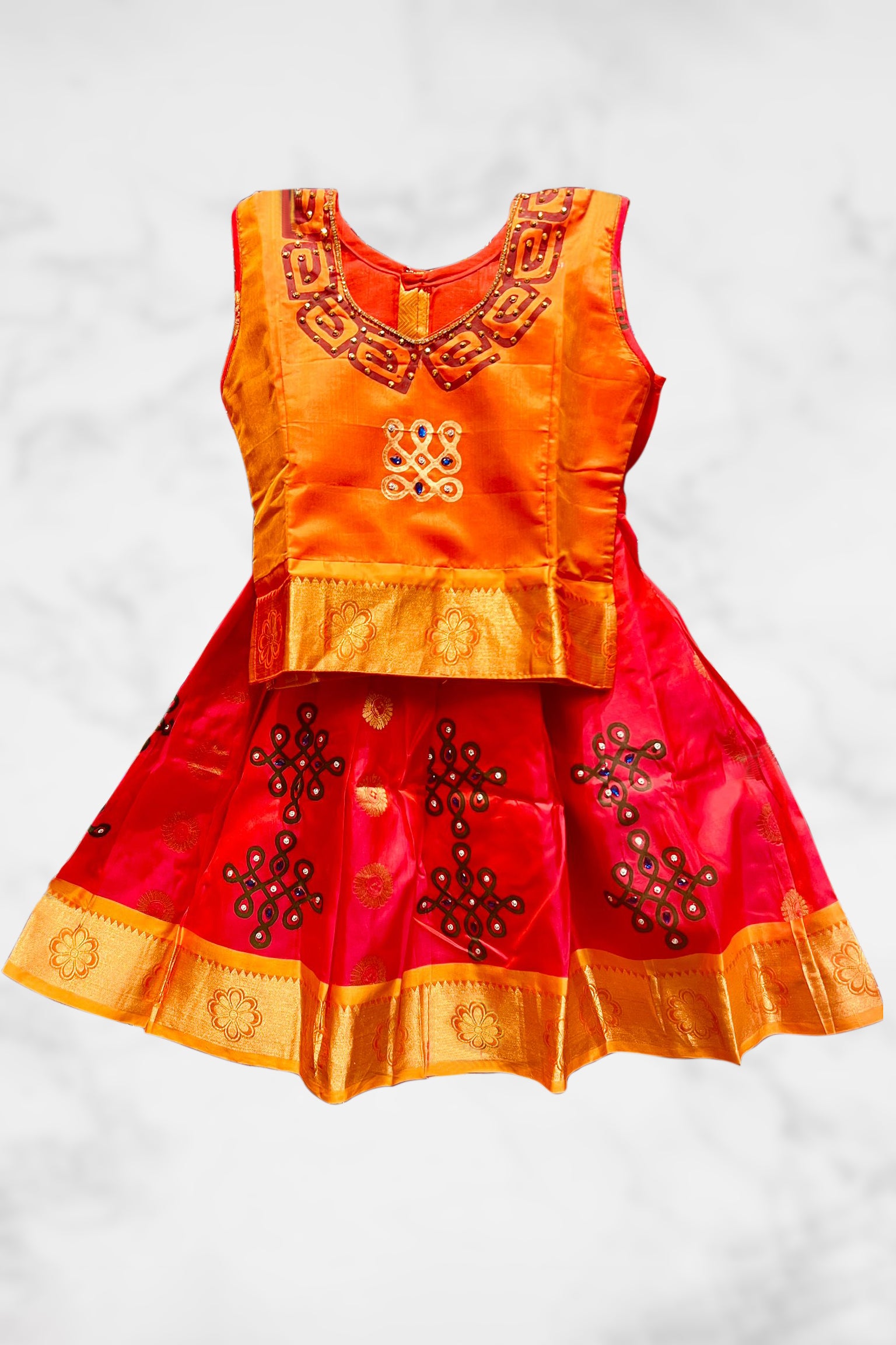 Silk Mark Certified Pure Silk Pattu Pavadai Set with Attached Sleeves Kids JCS Fashions Yellow + Brick red 2 Yrs