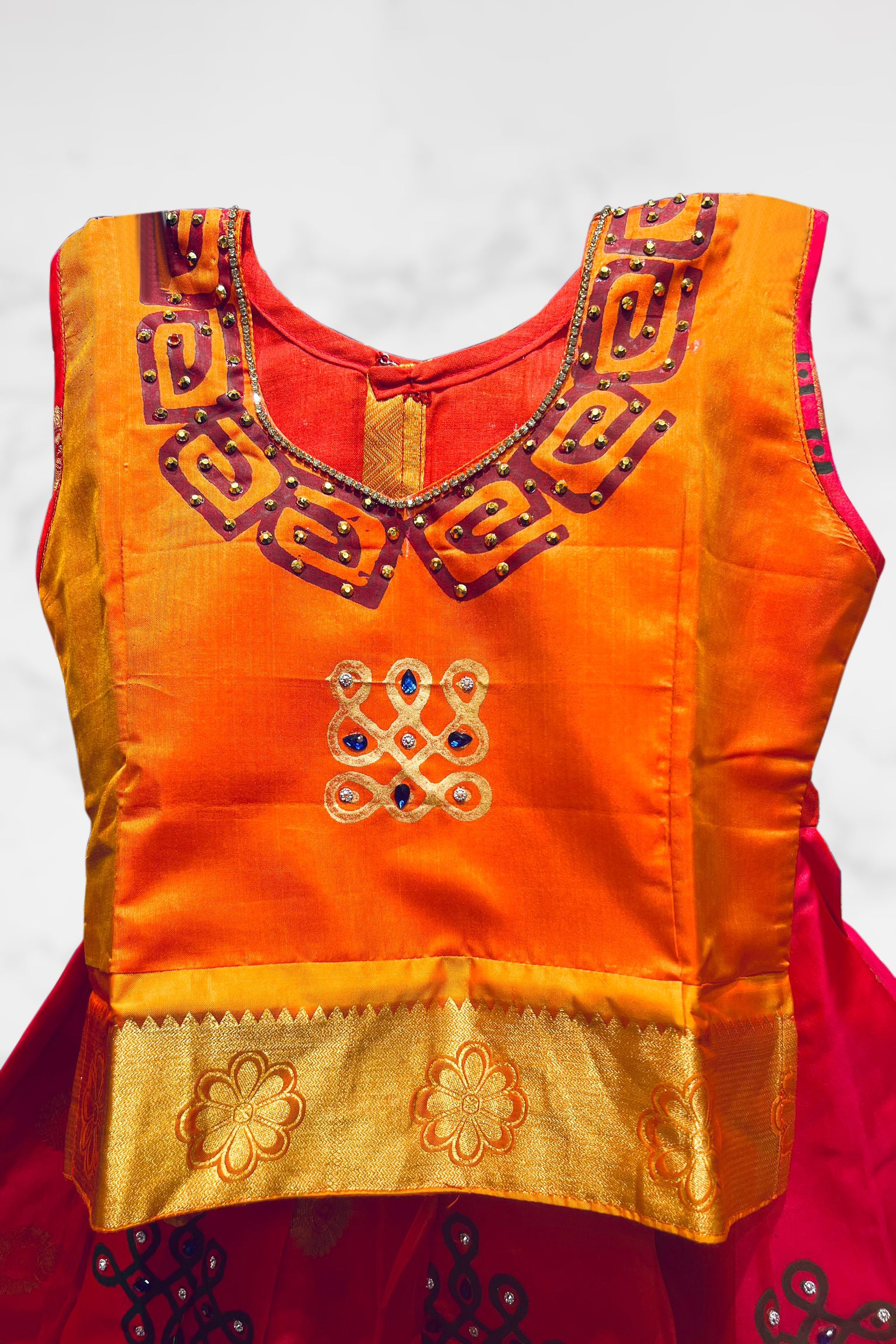 Silk Mark Certified Pure Silk Pattu Pavadai Set with Attached Sleeves Kids JCS Fashions