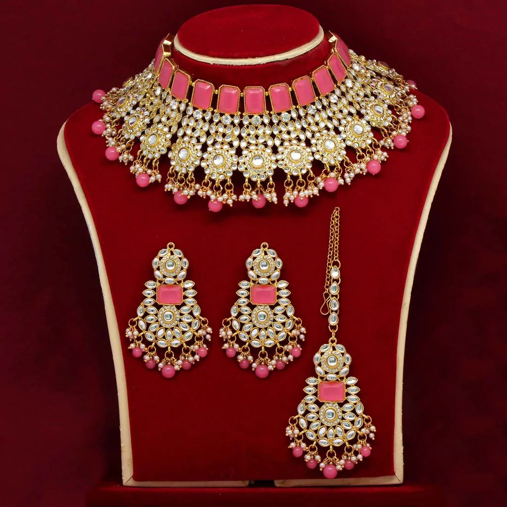 Pink Kundan and Imitation Pearls Neck Set Jewelry JCS Fashions Pink 20 * 7