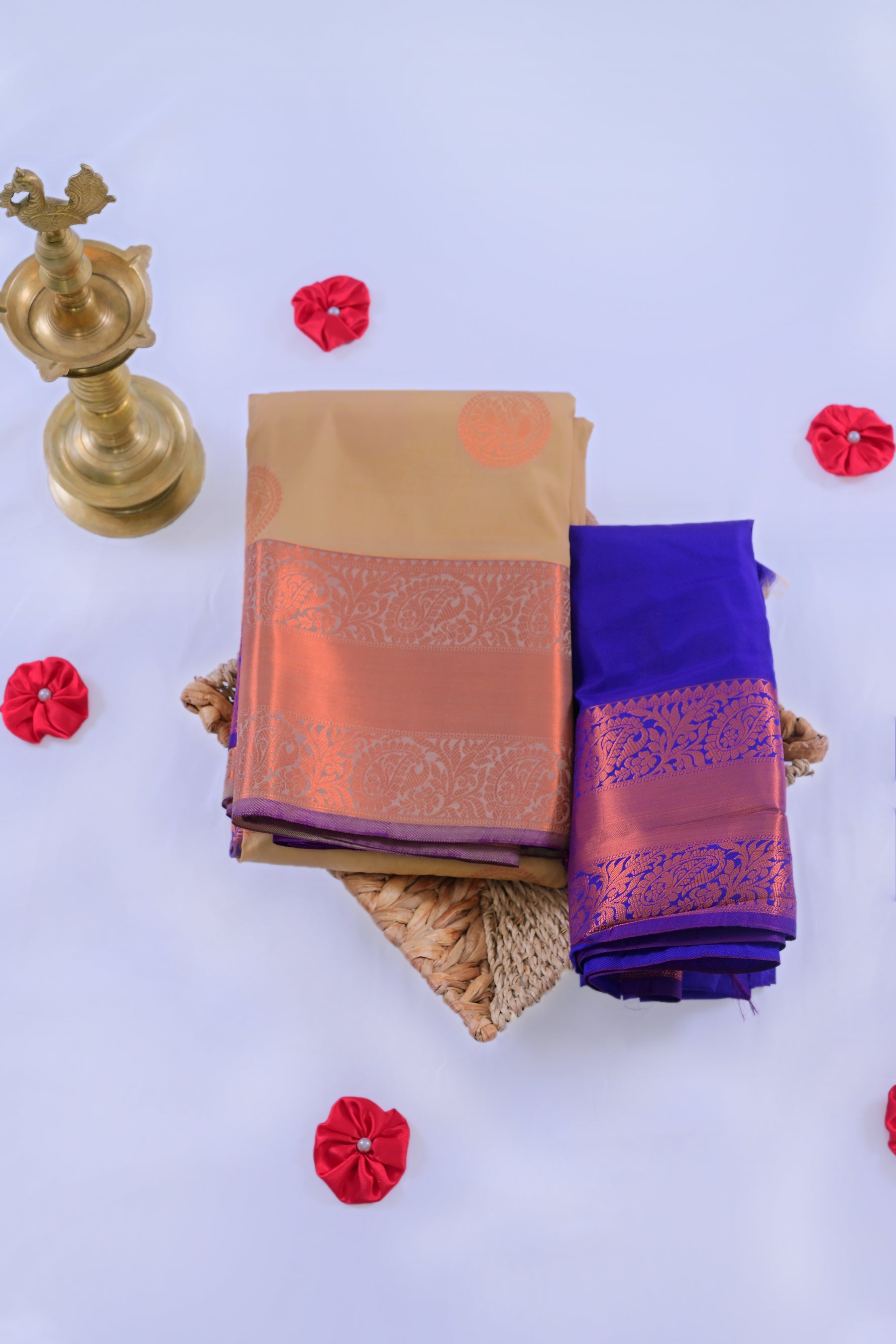 Elegant Dual-Border Saree with Copper Zari and Peacock Motifs