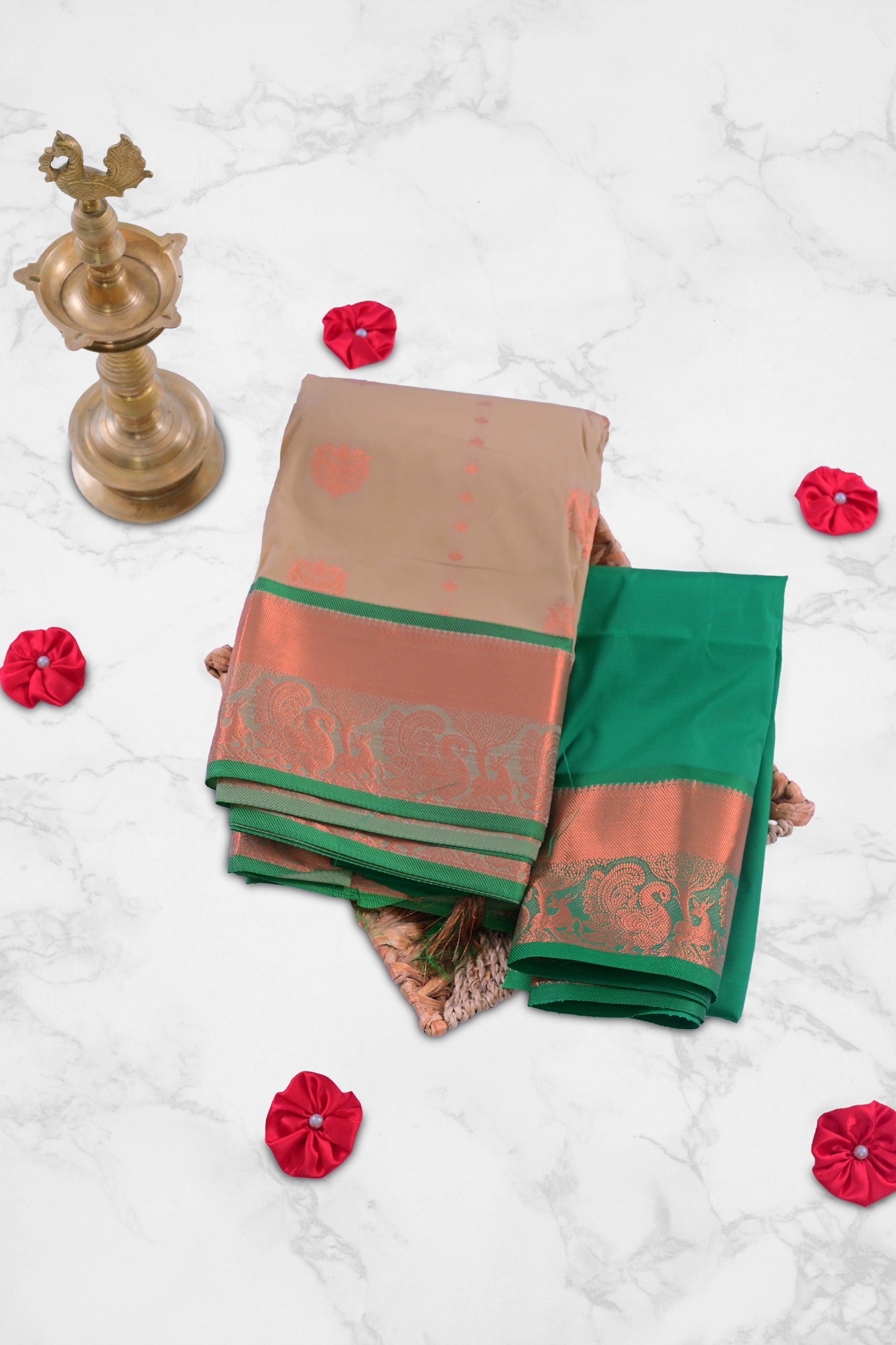 Classic Copper Zari Saree with Grand Peacock Motif - Traditional Meet