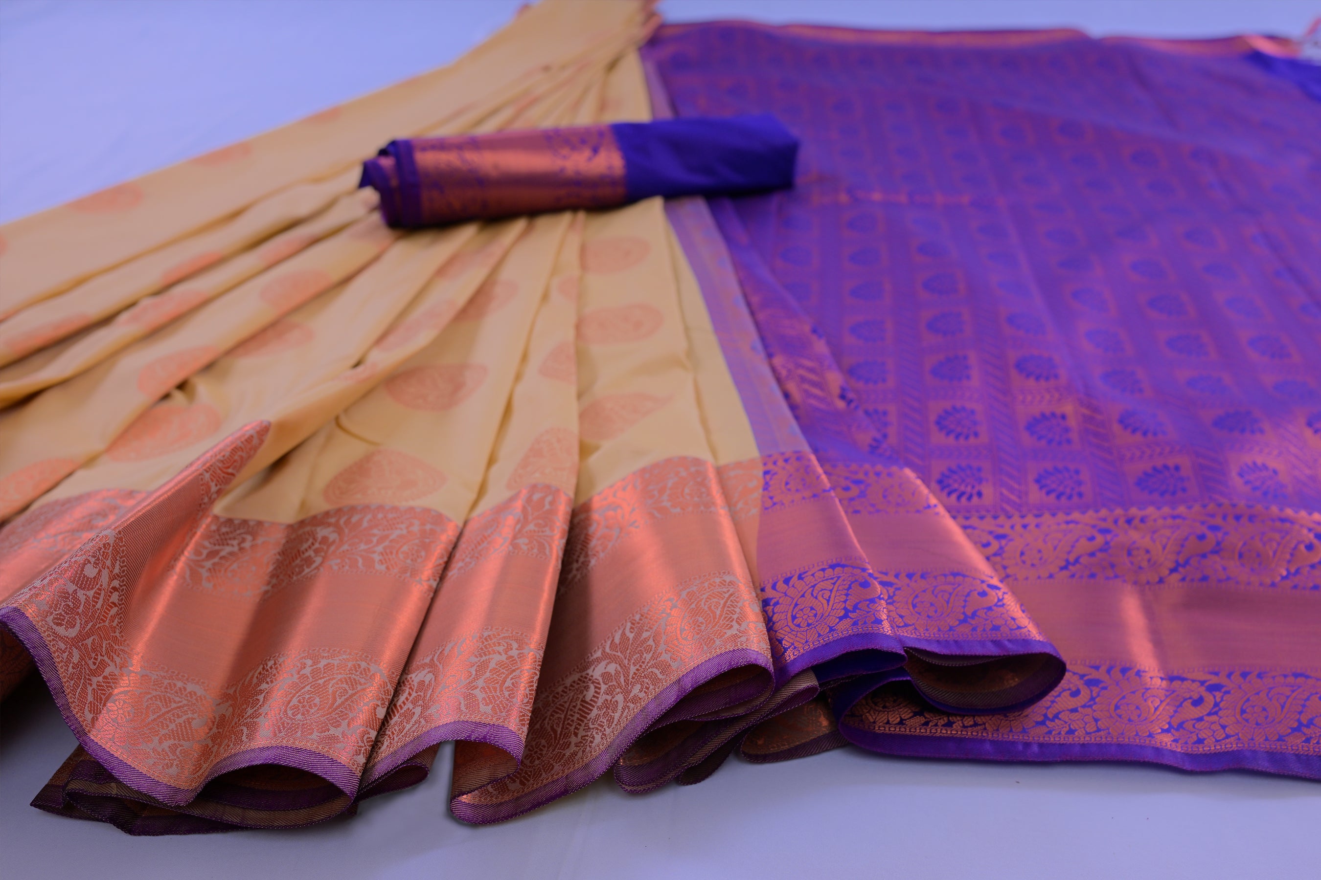 Elegant Dual-Border Saree with Copper Zari and Peacock Motifs Saree JCS Fashions