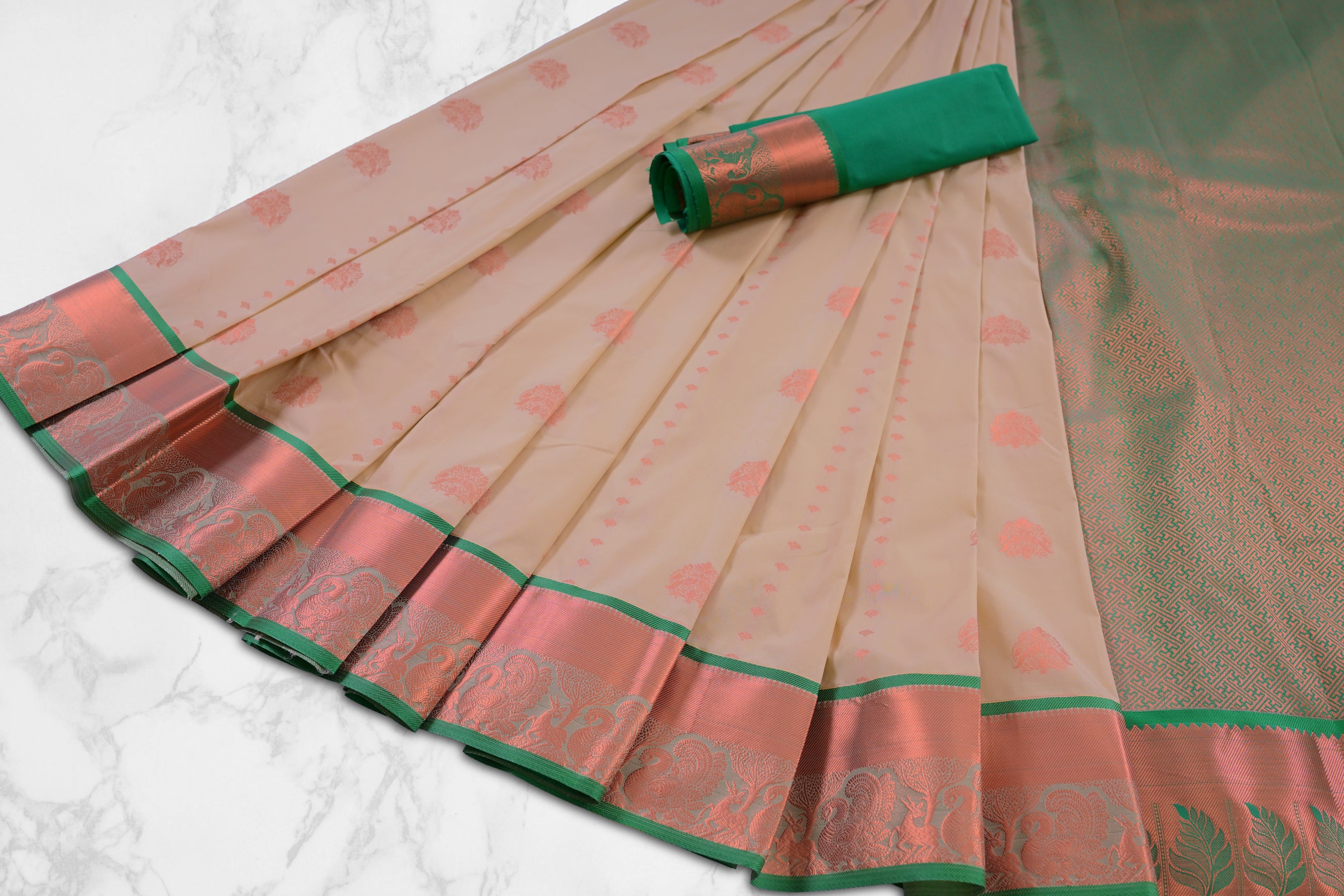 Classic Copper Zari Saree with Grand Peacock Motif - Traditional Meet