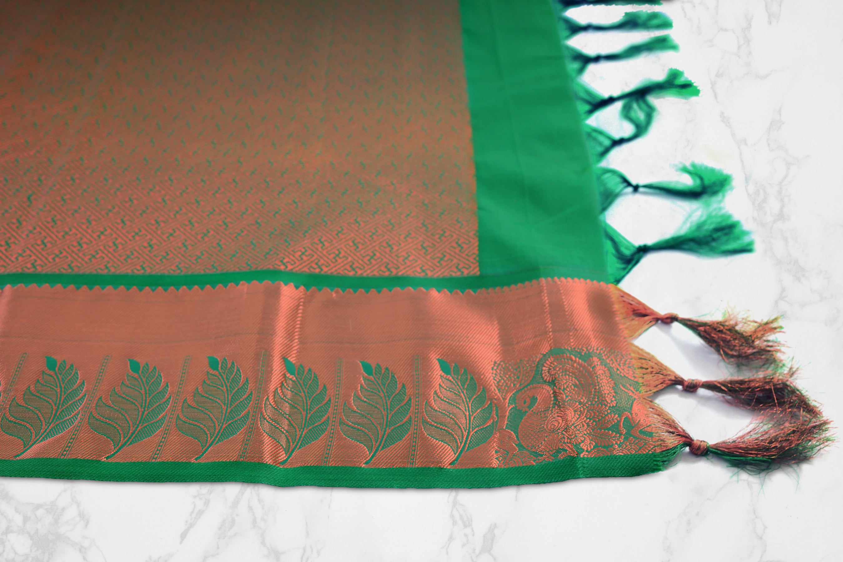 Classic Copper Zari Saree with Grand Peacock Motif - Traditional Meet Saree JCS Fashions