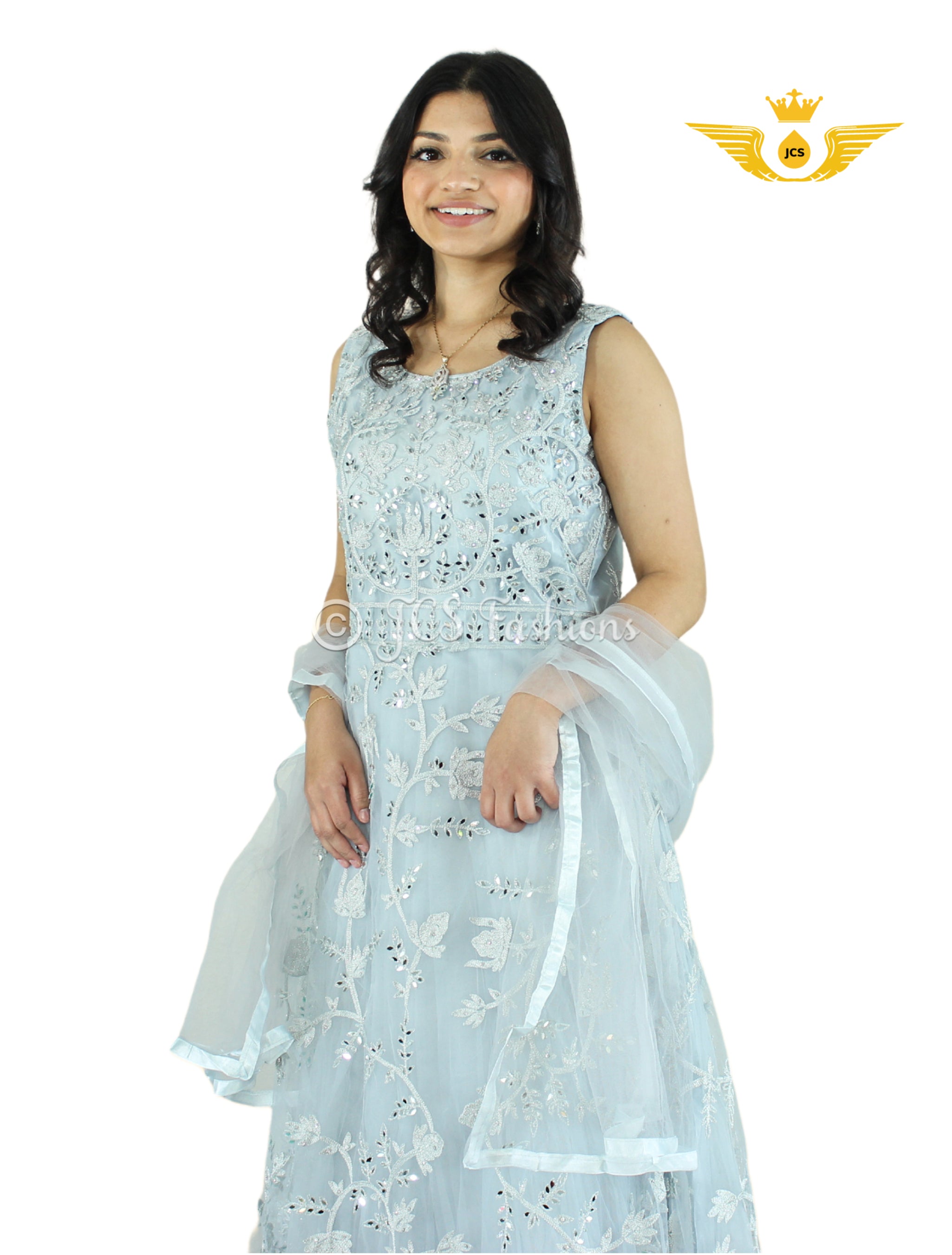 Stunning Fit & Flare Floor Length Dress with real mirror work! KURTI JCS Fashions Grey Medium (38)