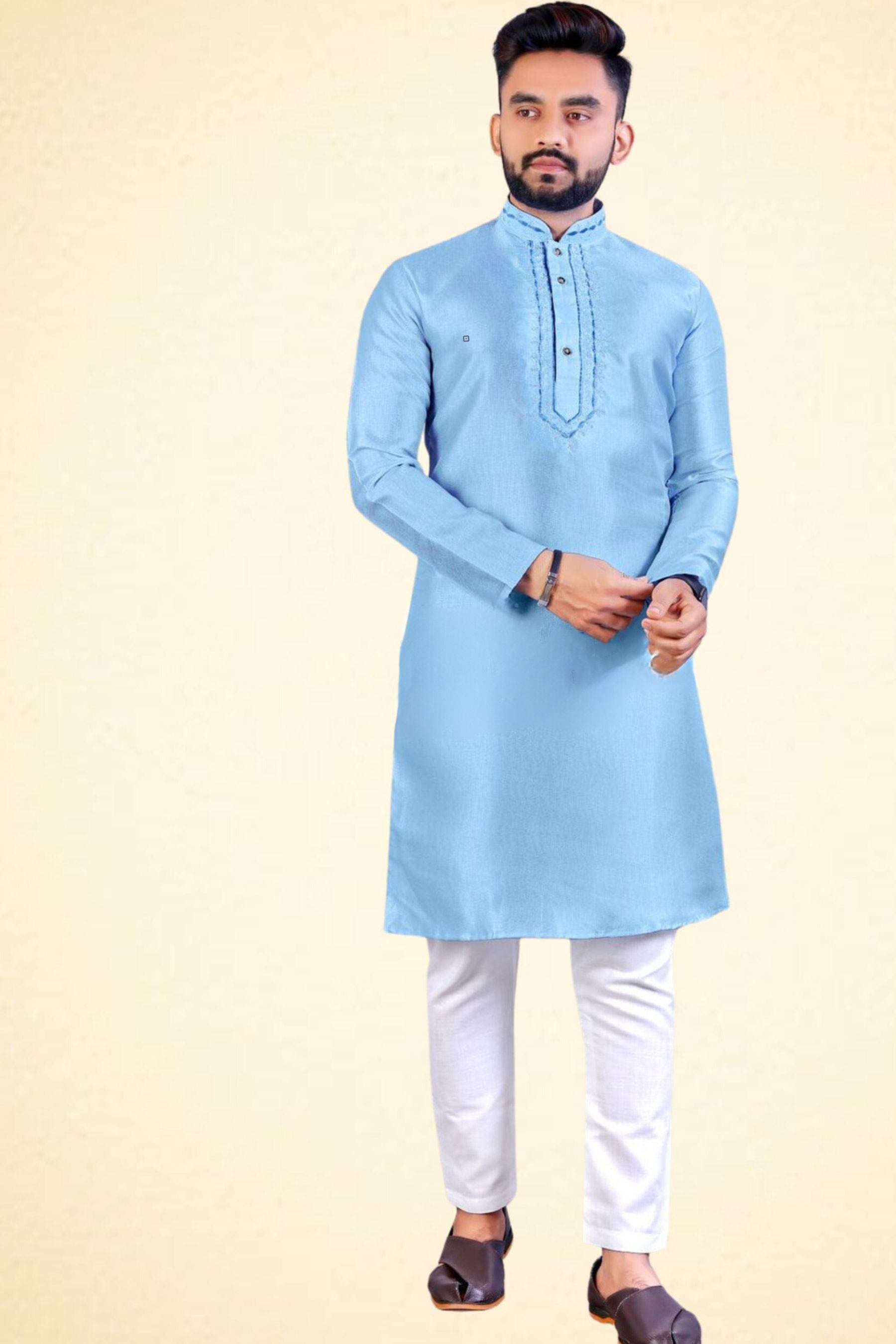 Chanderi Silk And Cotton Fabric Ethnic Kurta Set For Men MEN JCS Fashions Light Blue Medium (38)