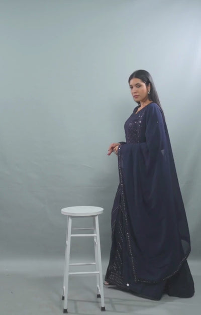 Elegant Floor-Length Gown with Embroidery & Sequins - Navy Blue KURTI JCS Fashions