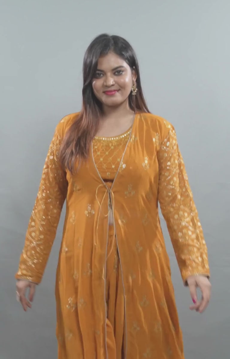 Modern Crop Top, Palazzo Pants & Elegant Overcoat Ensemble in Mustard Kurti JCS Fashions