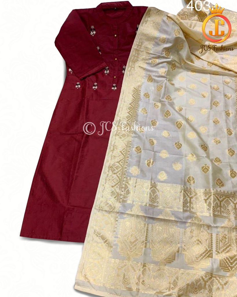 Chanderi Silk Straight Kurti with Dupatta KURTI JCS Fashions Maroon Large (40)