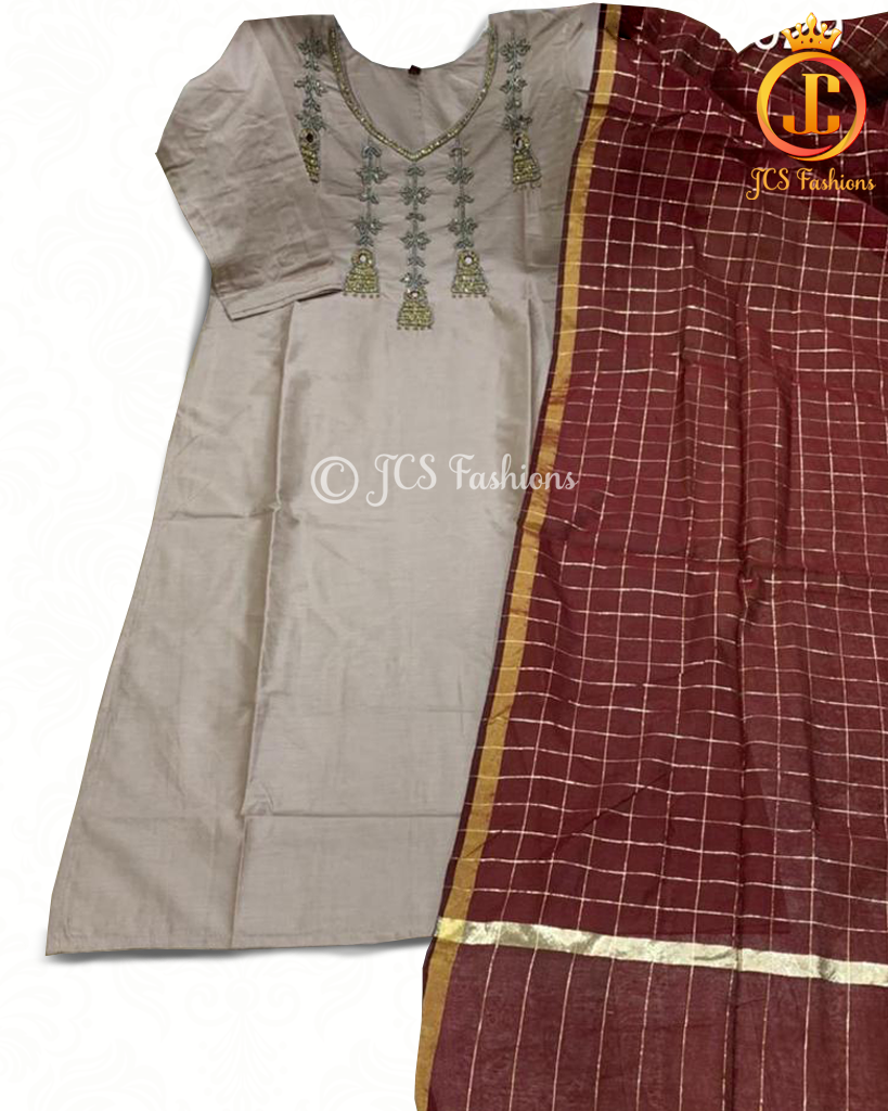 Chanderi Silk Straight Kurti with Dupatta KURTI JCS Fashions Brown Large (40)