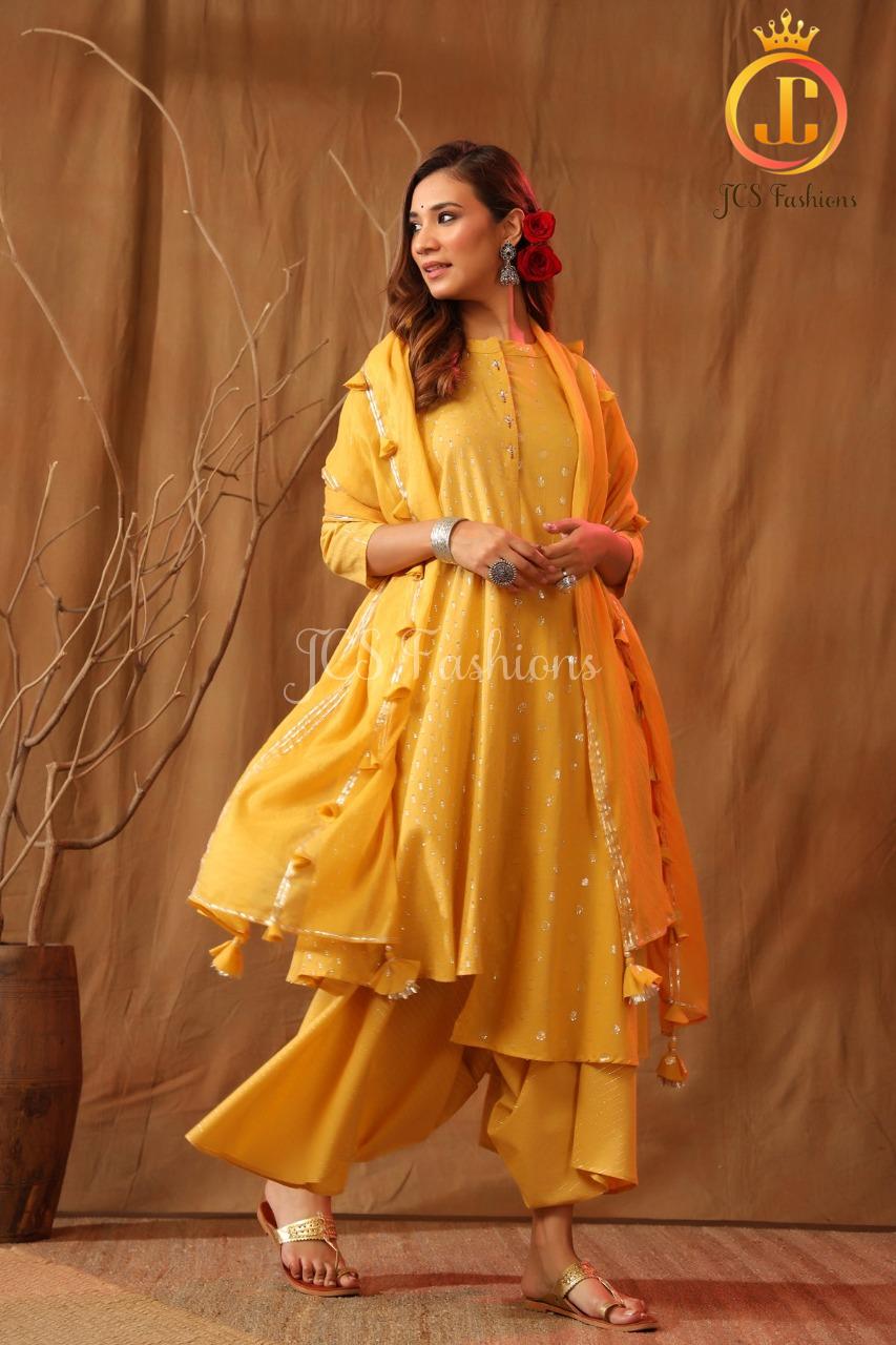 Women's Cotton Asymmetrical Kurta Set With Stole and Potli Pants Sustainable JCS Fashions Yellow XS-S