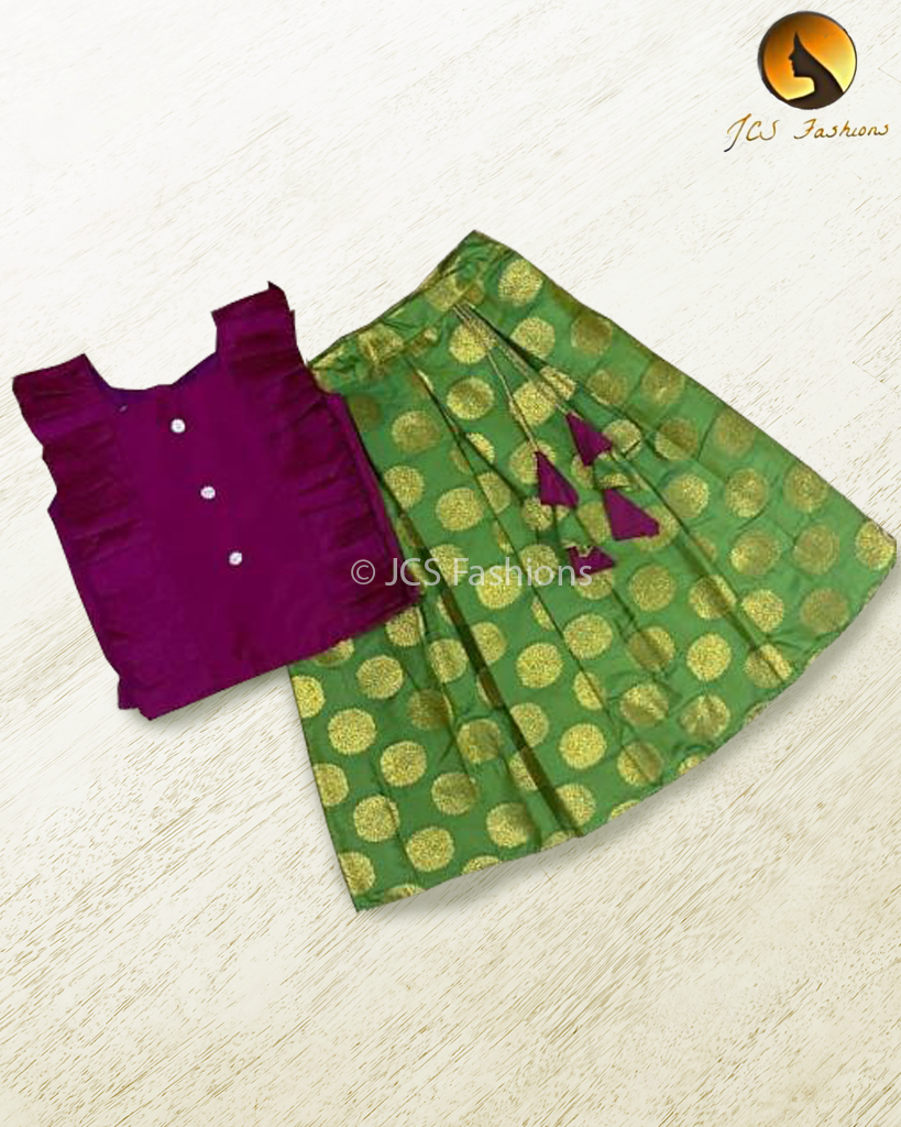 Pure Arani Silk Top with Taffeta Banarasi Skirt for girls GIRLS JCS Fashions Green 5-6 Yrs