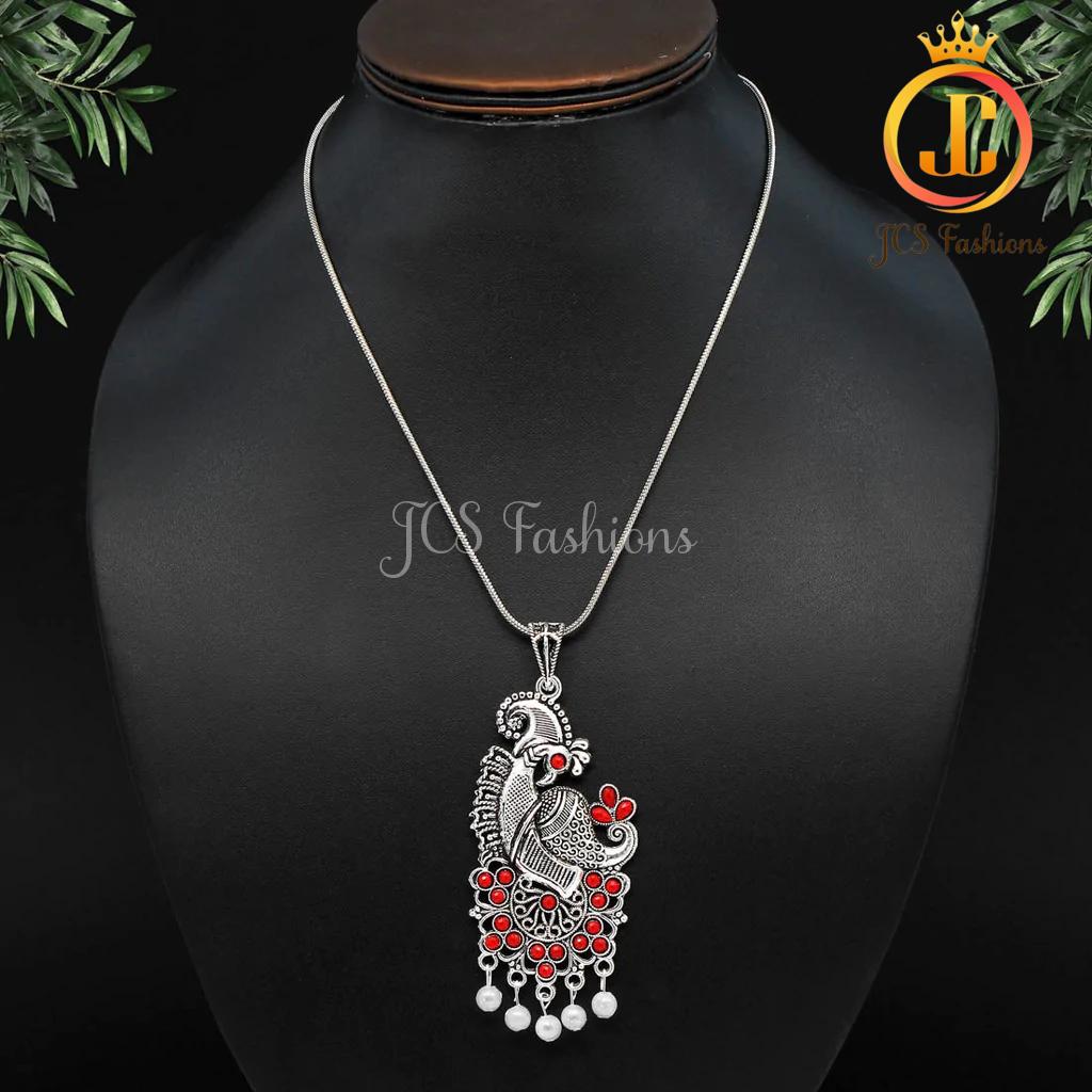 Silver Plated Necklace with Peacock pendant For Women Jewelry JCS Fashions Rani Pink