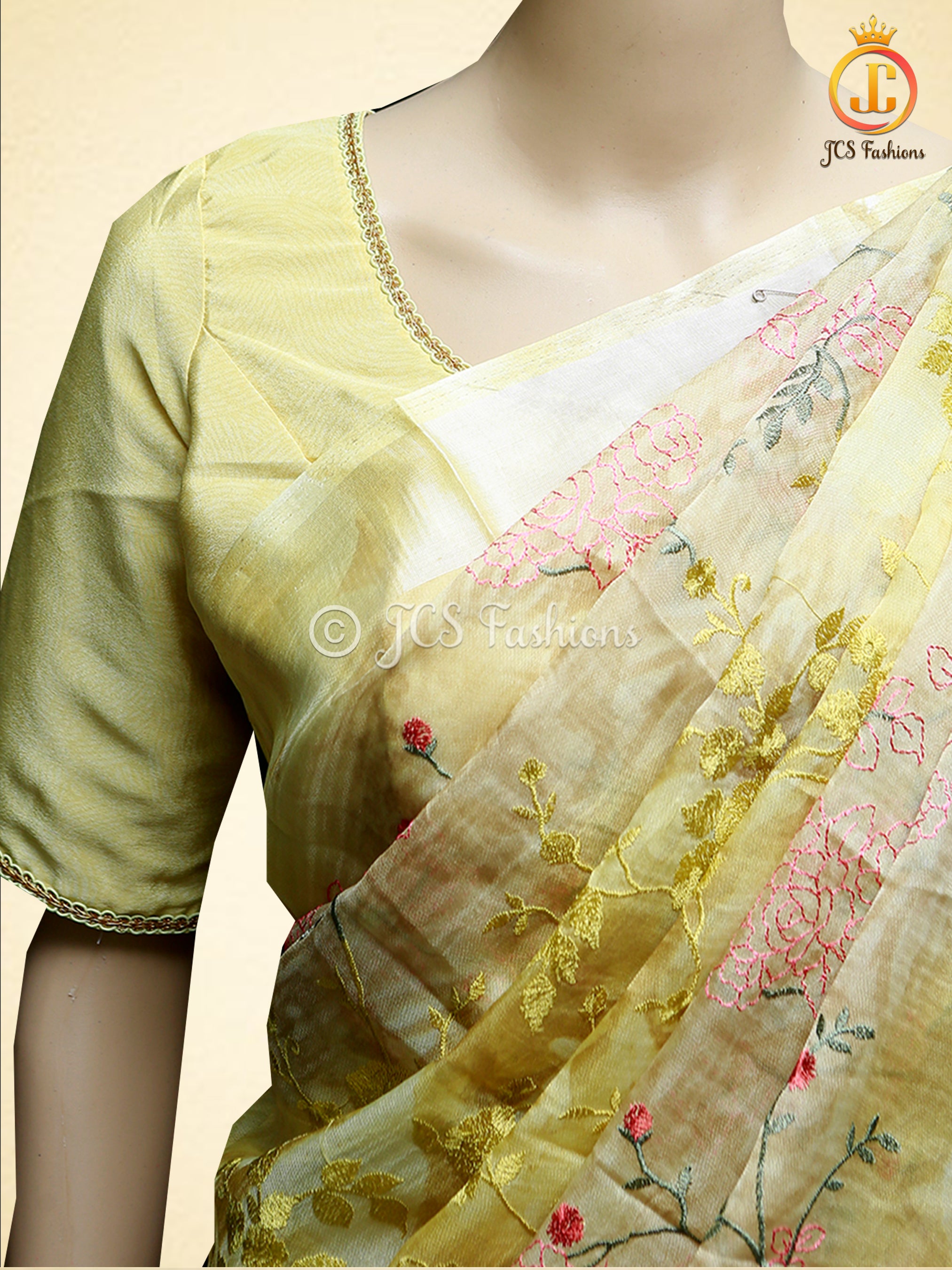 Soft Organza Saree With embroidery and zari work, Fully stitched blouse