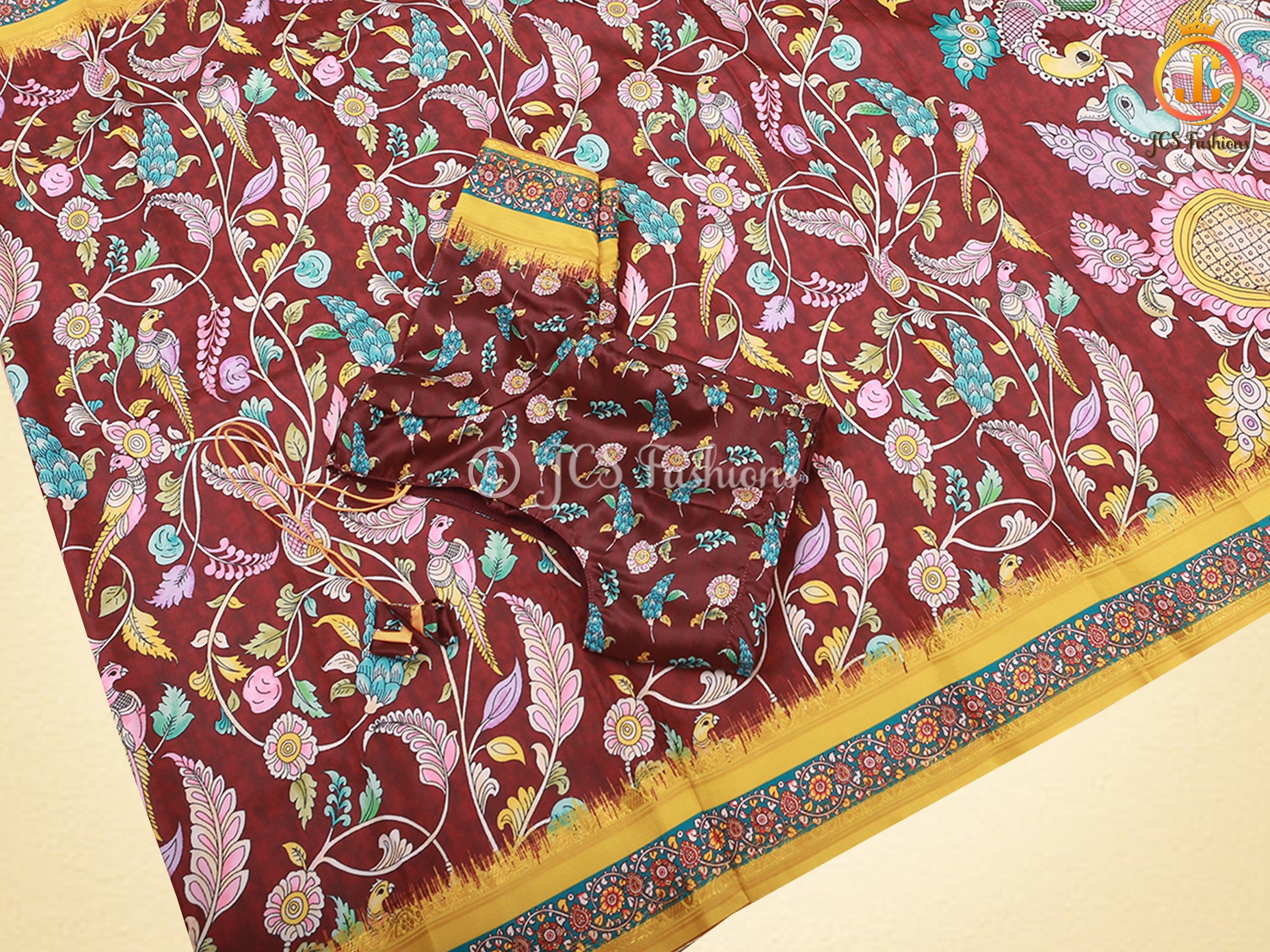 Kalamkari Design Saree With Blouse, Brown Color Saree with Floral designs