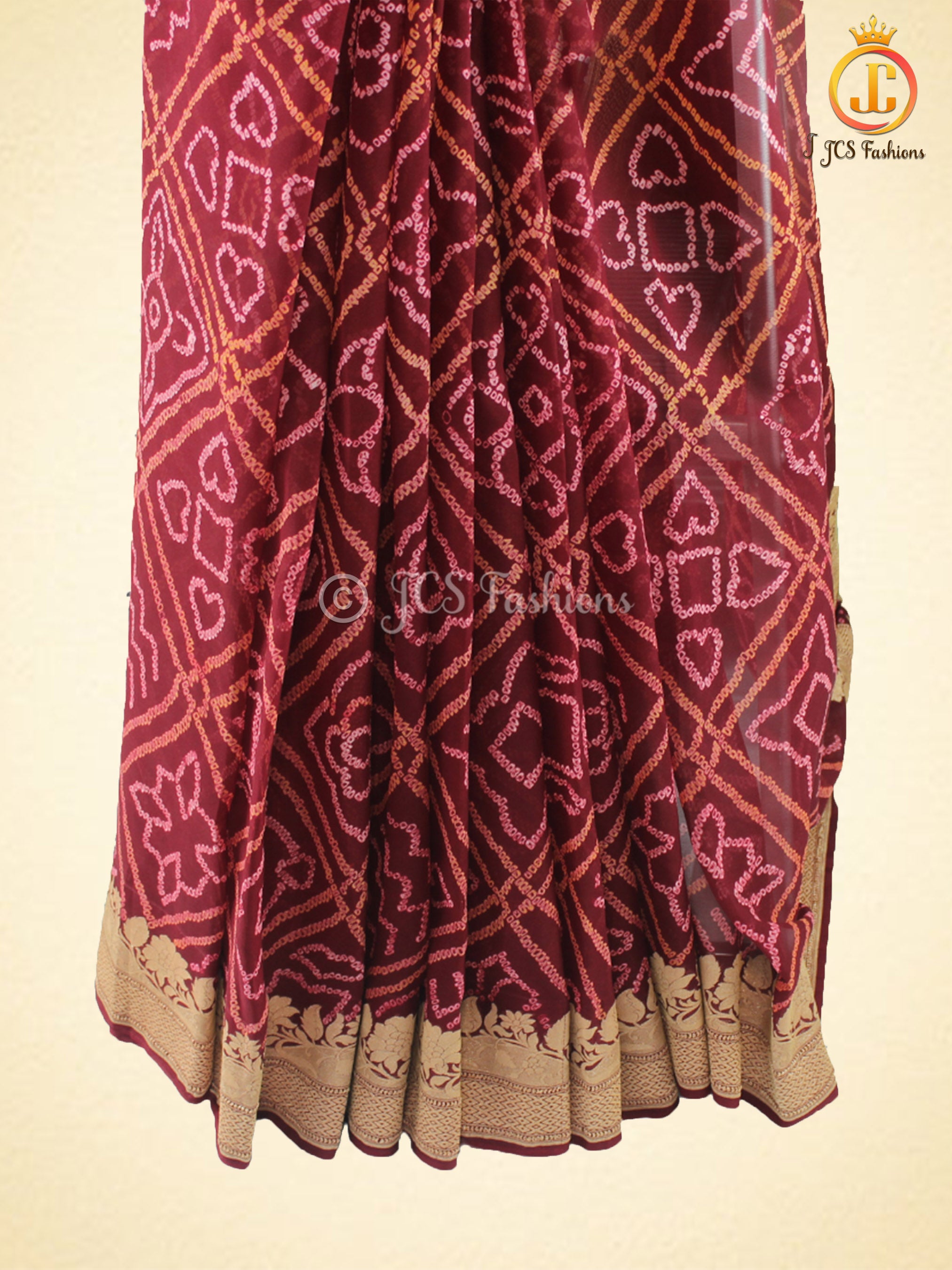 Maroon Pure Khaddi Georgette Rai Bandhej Saree, Silk Mark Certified SAREE JCS Fashions