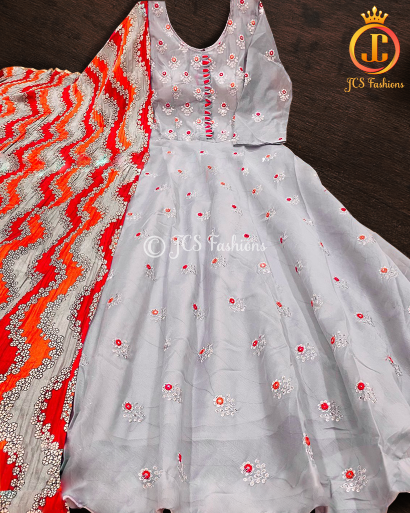 Long gown with mirror and sequins work in grey KURTI JCS Fashions