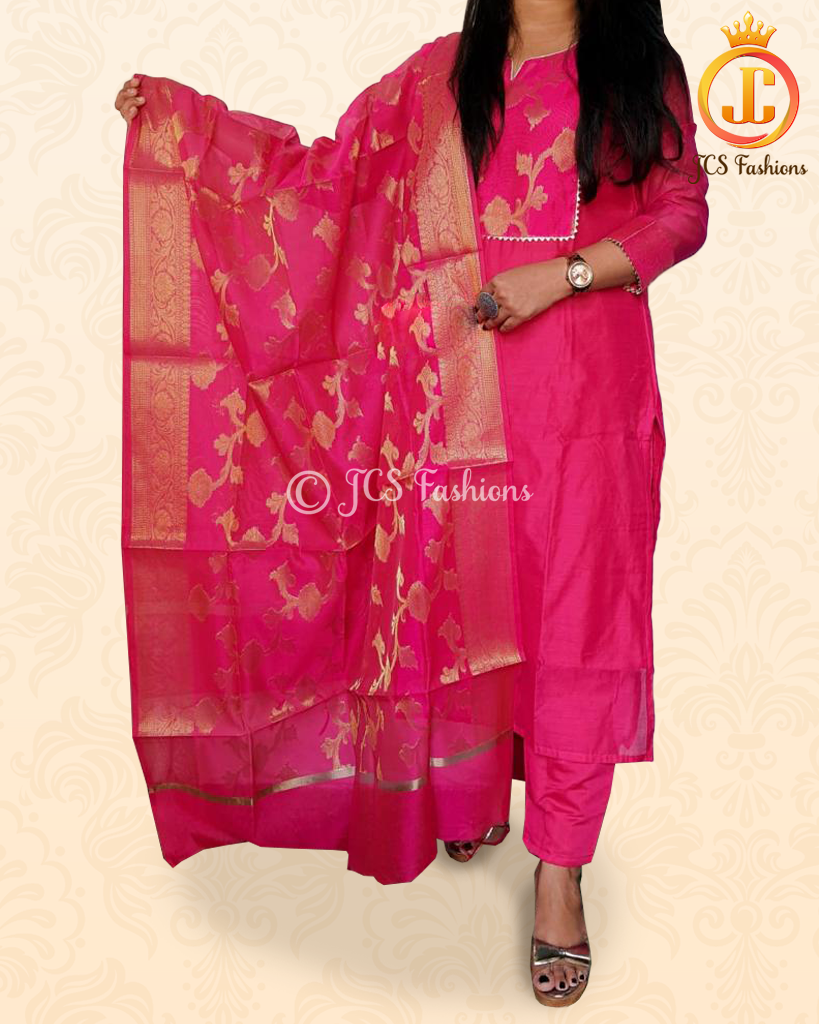 Pure Chanderi Silk Kurta With Banarasi Dupatta And Pant KURTI JCS Fashions