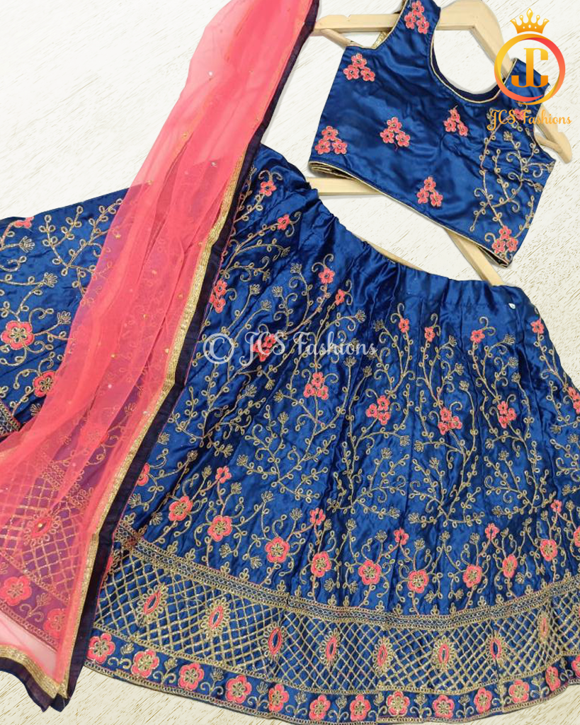 Designer Chain Stitch Lucknowi Style Embroidery Work Kids Lehenga GIRLS JCS Fashions Blue 28