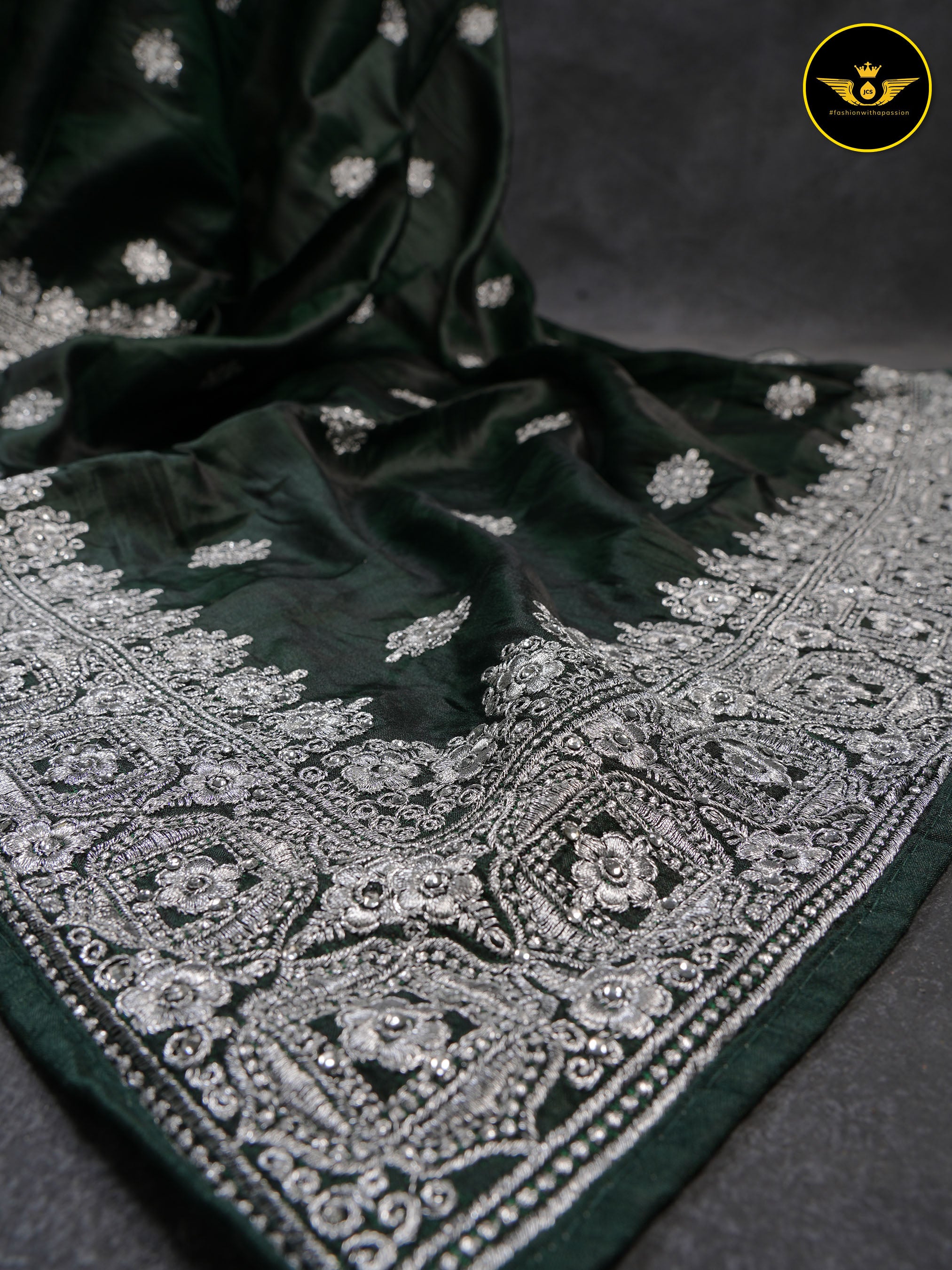 Heavy Tussar Silk Saree With Silver Jari Embroidery And Stone Work