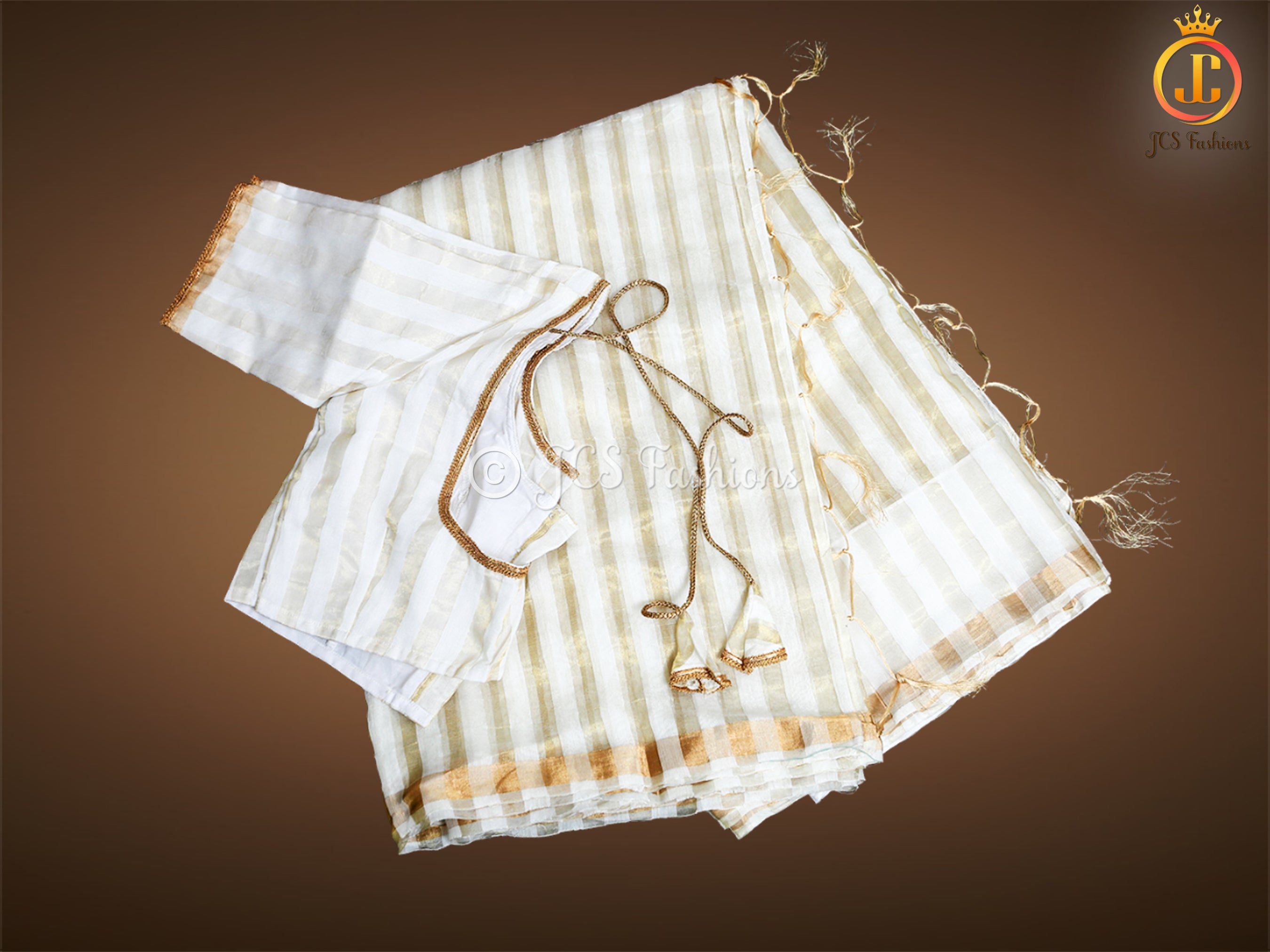 Modal Silk Saree With Golden zari striped, Fully stitched blouse. SAREE JCS Fashions